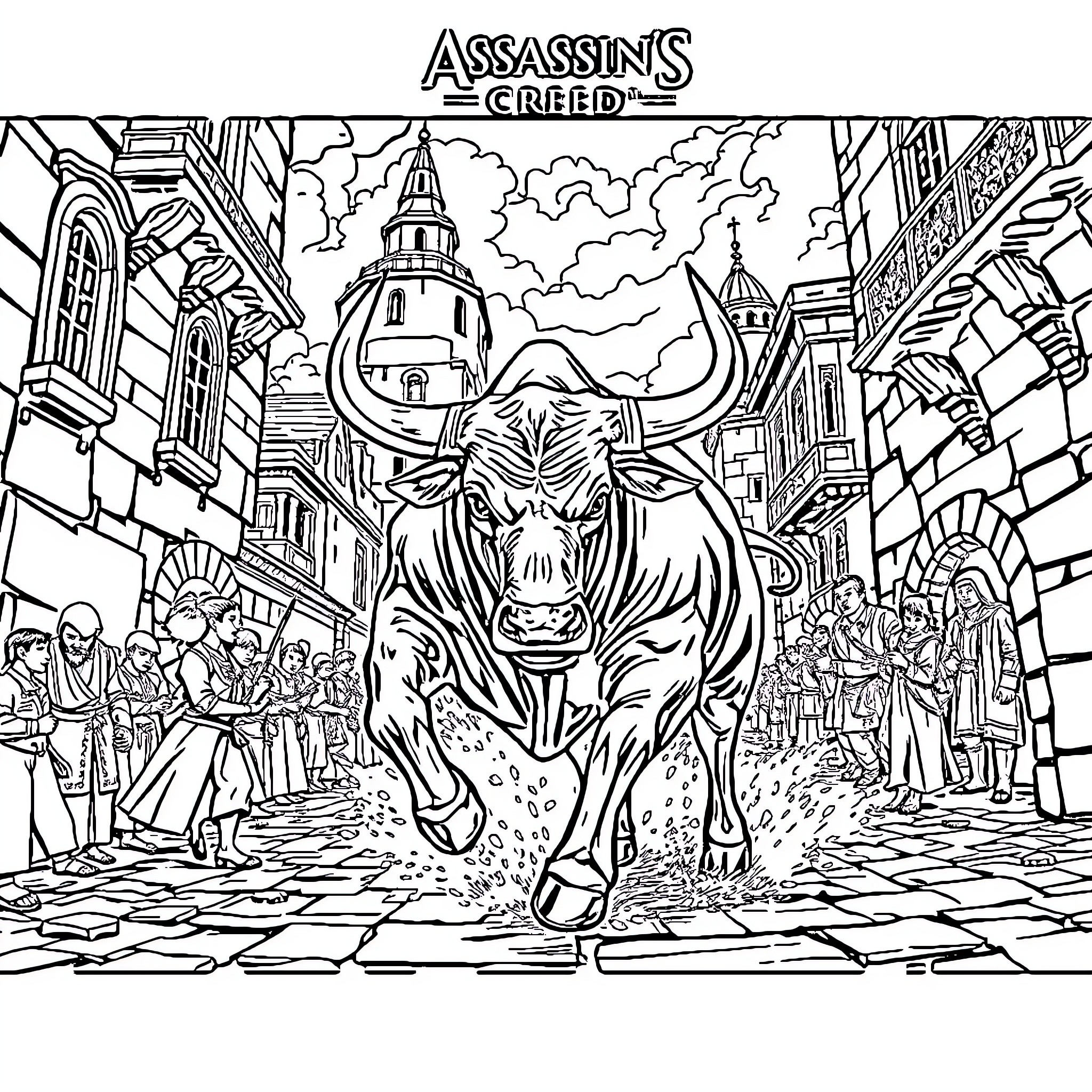 Assassin rushing through the city streets Coloring Page (free black-and-white line drawing printable PDF for all, from beginners to advanced learners, including children, teens, adults, and seniors)
