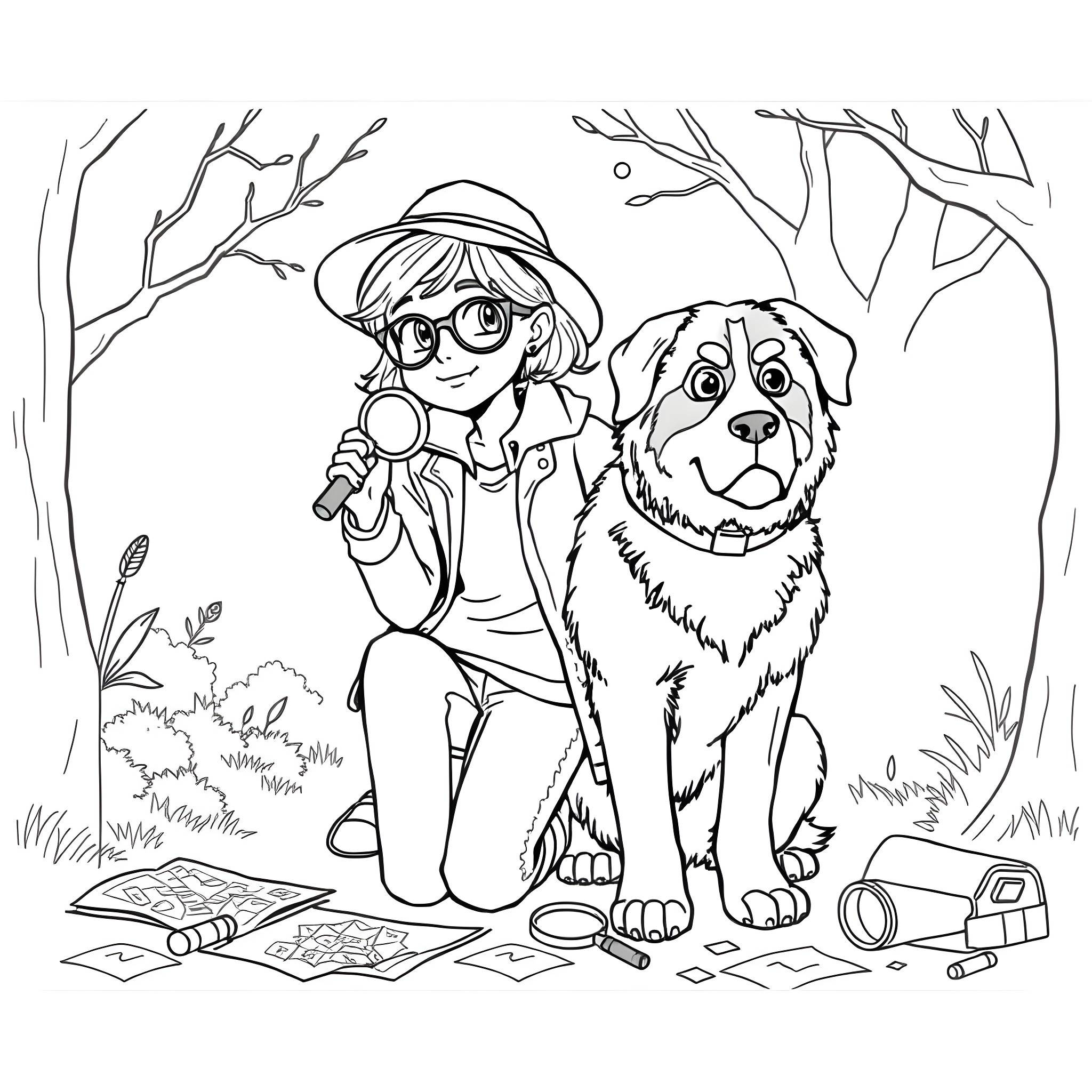 Teen Girl Hiking with Her Loyal Canine Companion Coloring Page (free black-and-white line drawing printable PDF for all, from beginners to advanced learners, including children, teens, adults, and seniors)