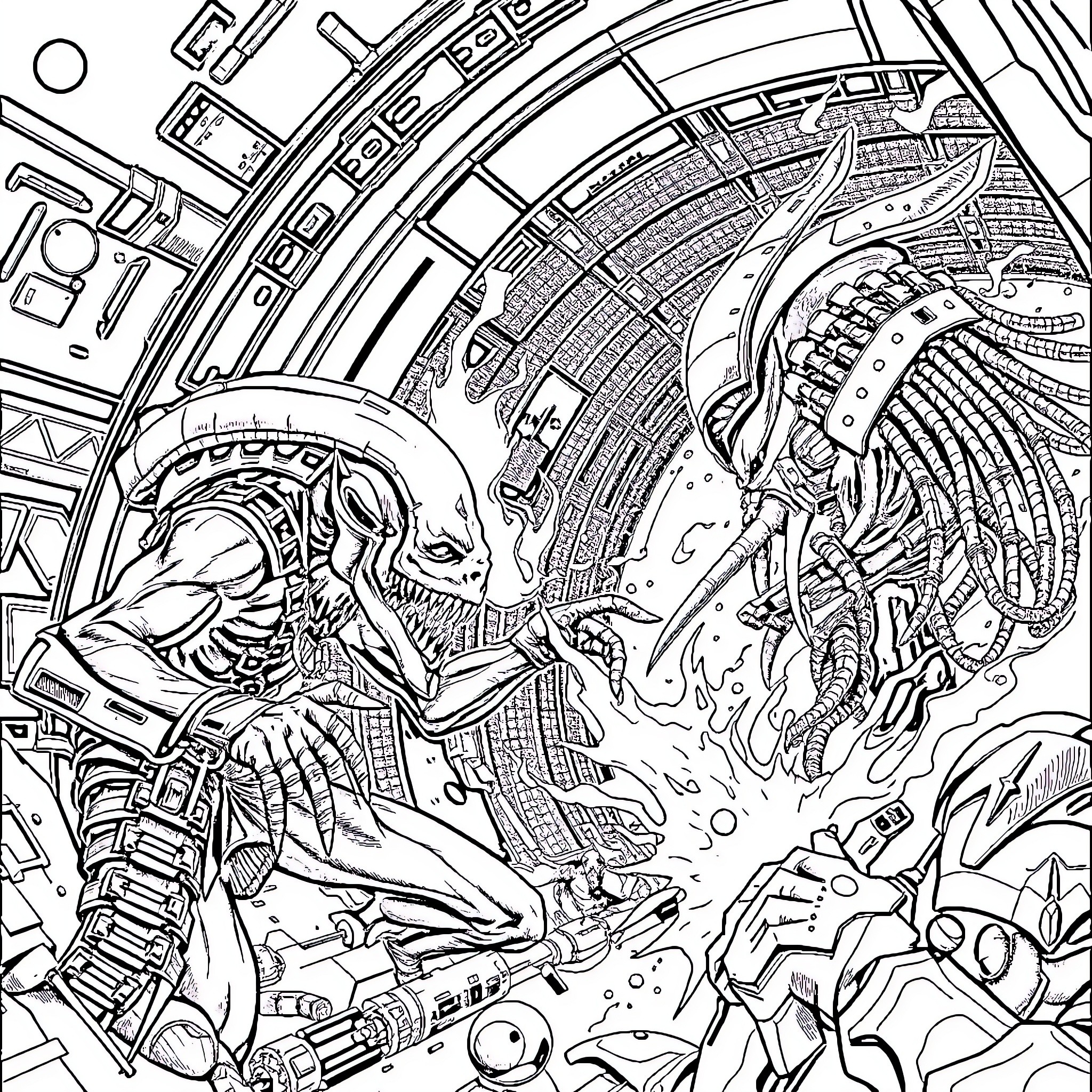 Alien Creatures Engaging in Epic Sci-Fi Battle Coloring Page (free black-and-white line drawing printable PDF for all, from beginners to advanced learners, including children, teens, adults, and seniors)
