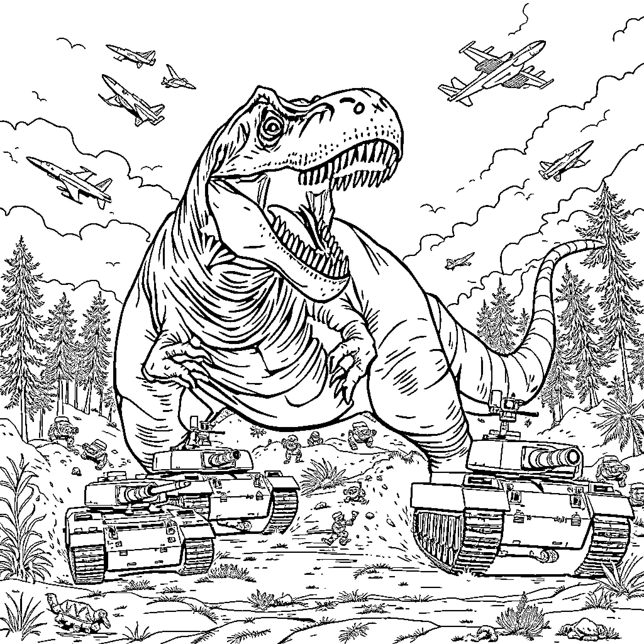 T-Rex Stomping through Military Tanks and Planes Coloring Page (free black-and-white line drawing printable PDF for all, from beginners to advanced learners, including children, teens, adults, and seniors)