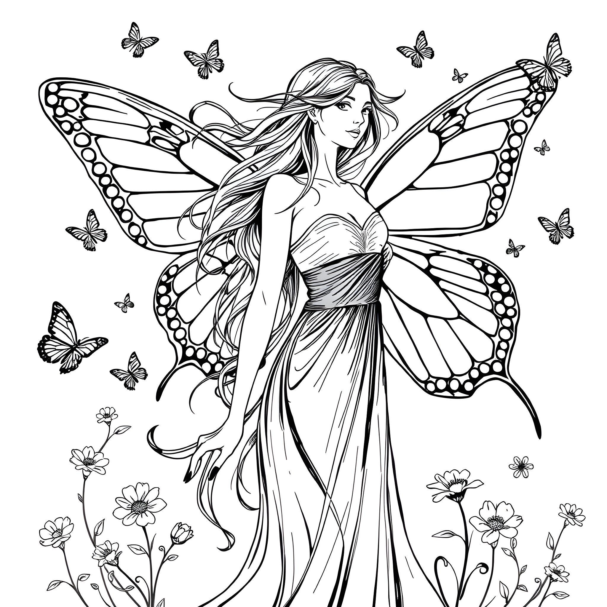 Butterfly Woman Embracing Nature's Beauty Coloring Page (free black-and-white line drawing printable PDF for all, from beginners to advanced learners, including children, teens, adults, and seniors)
