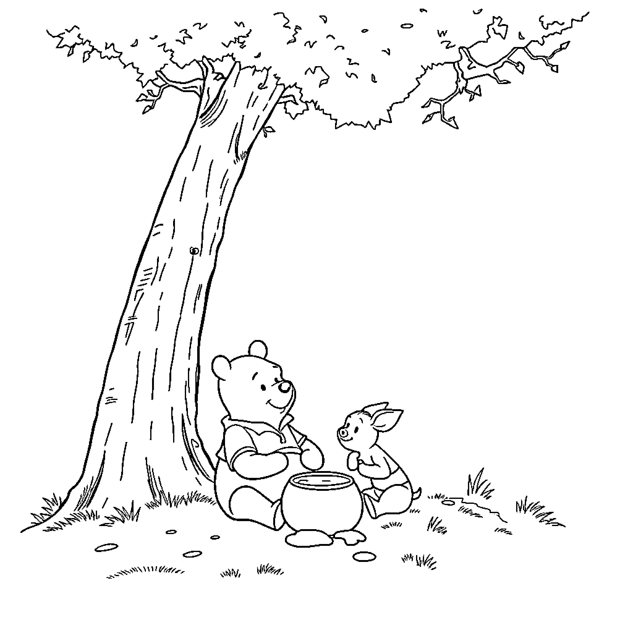 Winnie The Pooh and Friends in Nature's Embrace Coloring Page (free black-and-white line drawing printable PDF for all, from beginners to advanced learners, including children, teens, adults, and seniors)