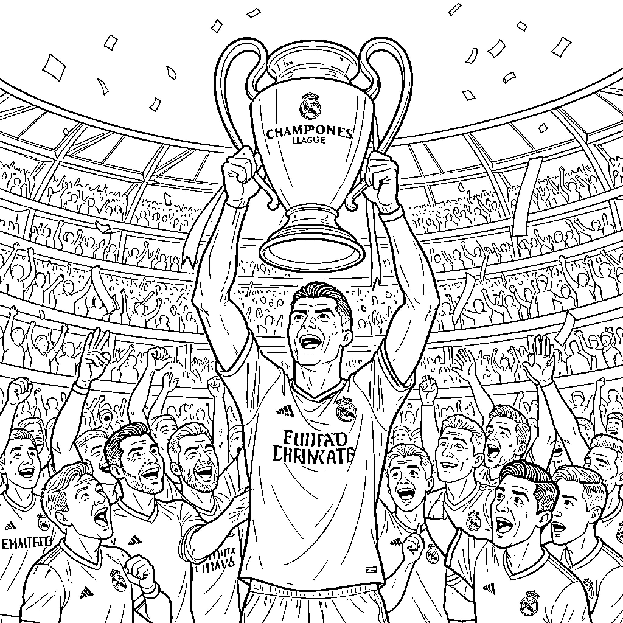 Cristiano Ronaldo lifting the Champions League trophy in a stadium Coloring Page (free black-and-white line drawing printable PDF for all, from beginners to advanced learners, including children, teens, adults, and seniors)