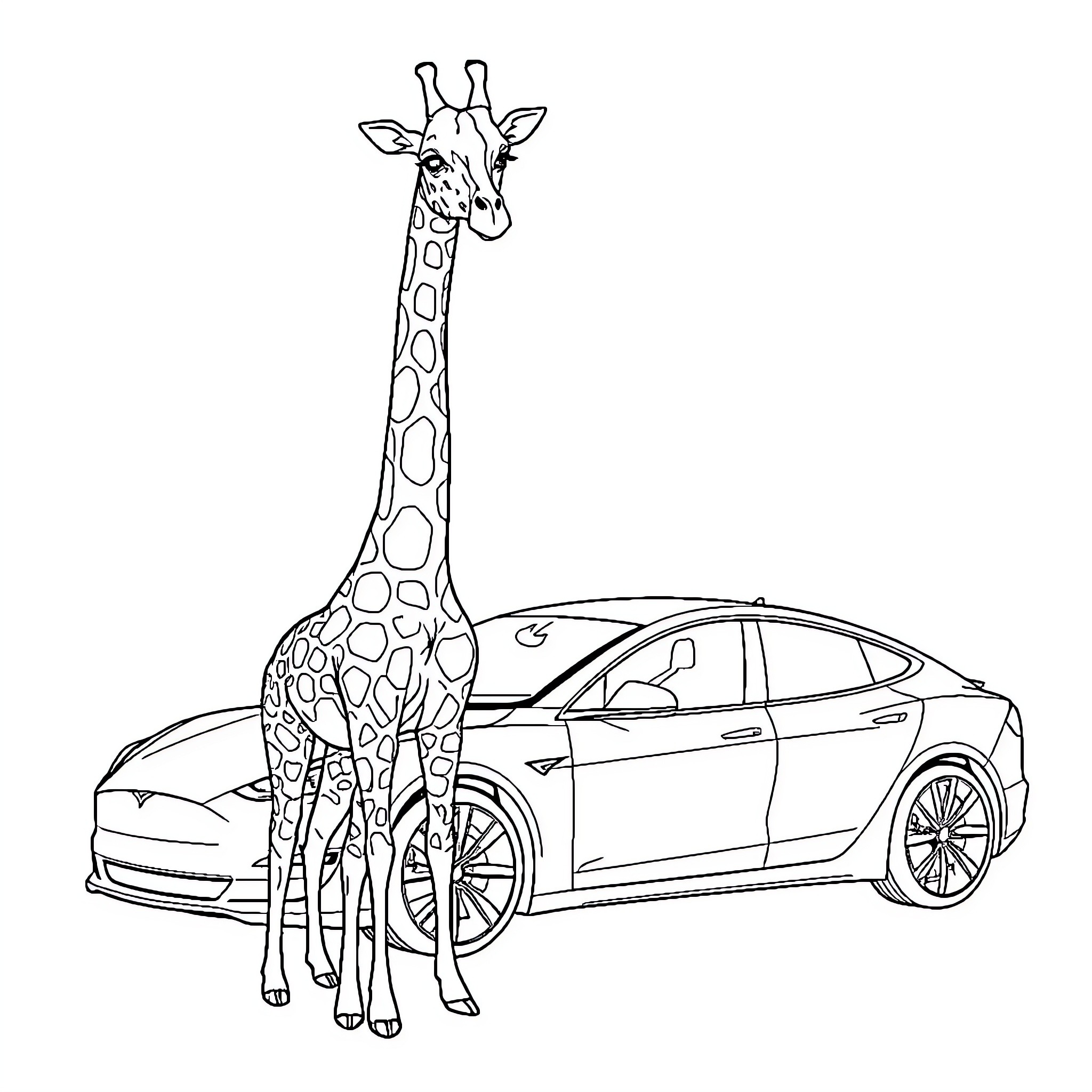 Giraffe enjoying a leisurely stroll near a car Coloring Page (free black-and-white line drawing printable PDF for all, from beginners to advanced learners, including children, teens, adults, and seniors)
