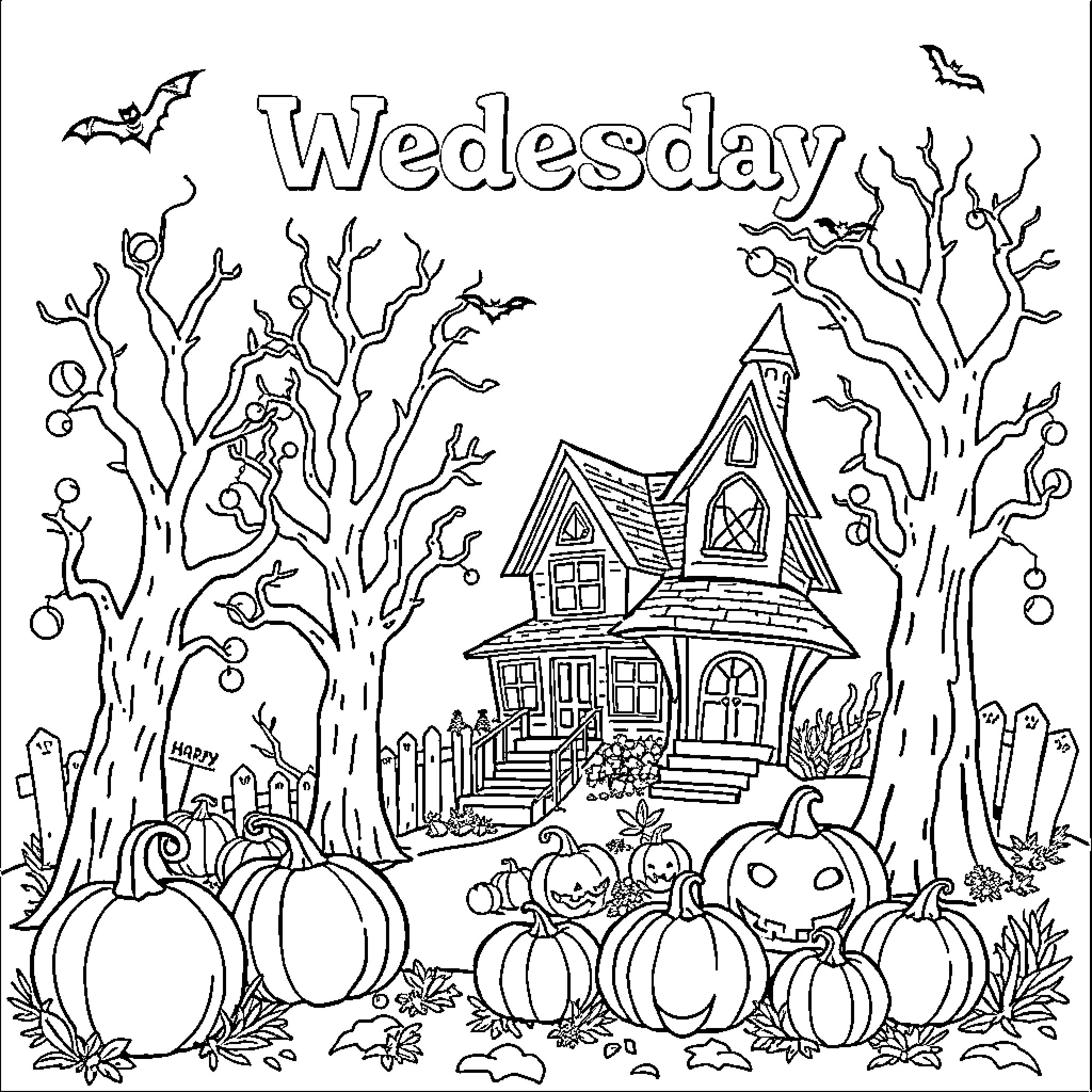 Wednesday spooky house and pumpkins in the woods Coloring Page (free black-and-white line drawing printable PDF for all, from beginners to advanced learners, including children, teens, adults, and seniors)