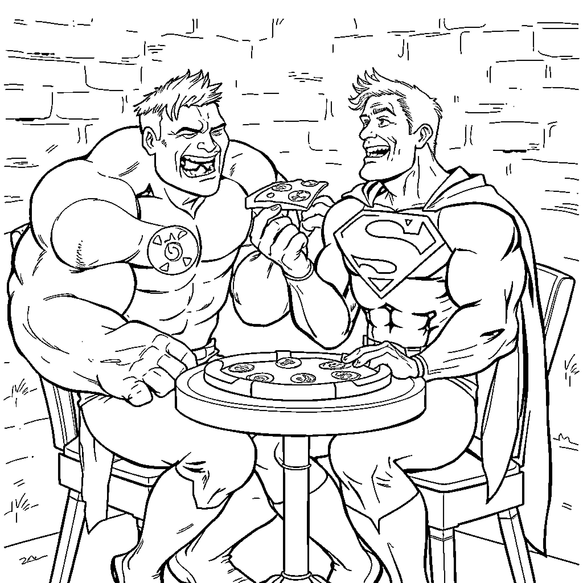 Superman and friend having a friendly game night Coloring Page (free black-and-white line drawing printable PDF for all, from beginners to advanced learners, including children, teens, adults, and seniors)
