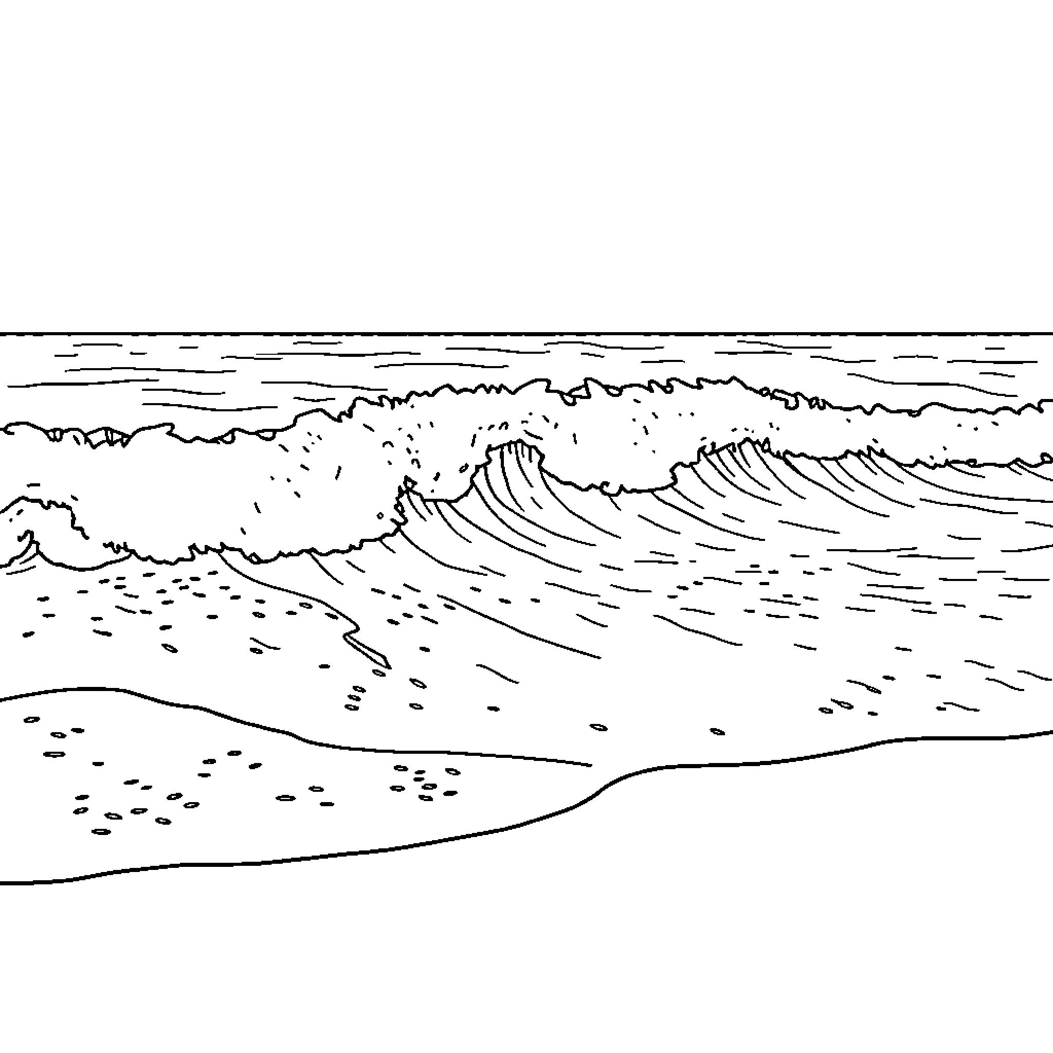 Sea waves crashing against the shore Coloring Page (free black-and-white line drawing printable PDF for all, from beginners to advanced learners, including children, teens, adults, and seniors)