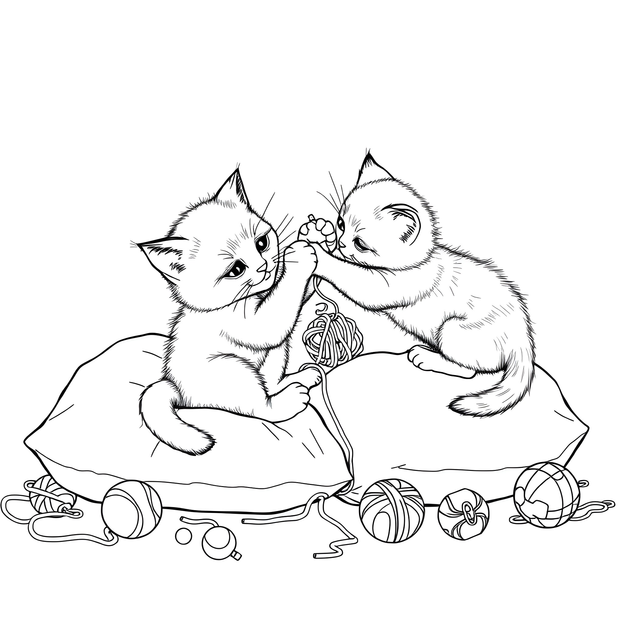 Kittens playing with yarn and toys Coloring Page (free black-and-white line drawing printable PDF for all, from beginners to advanced learners, including children, teens, adults, and seniors)