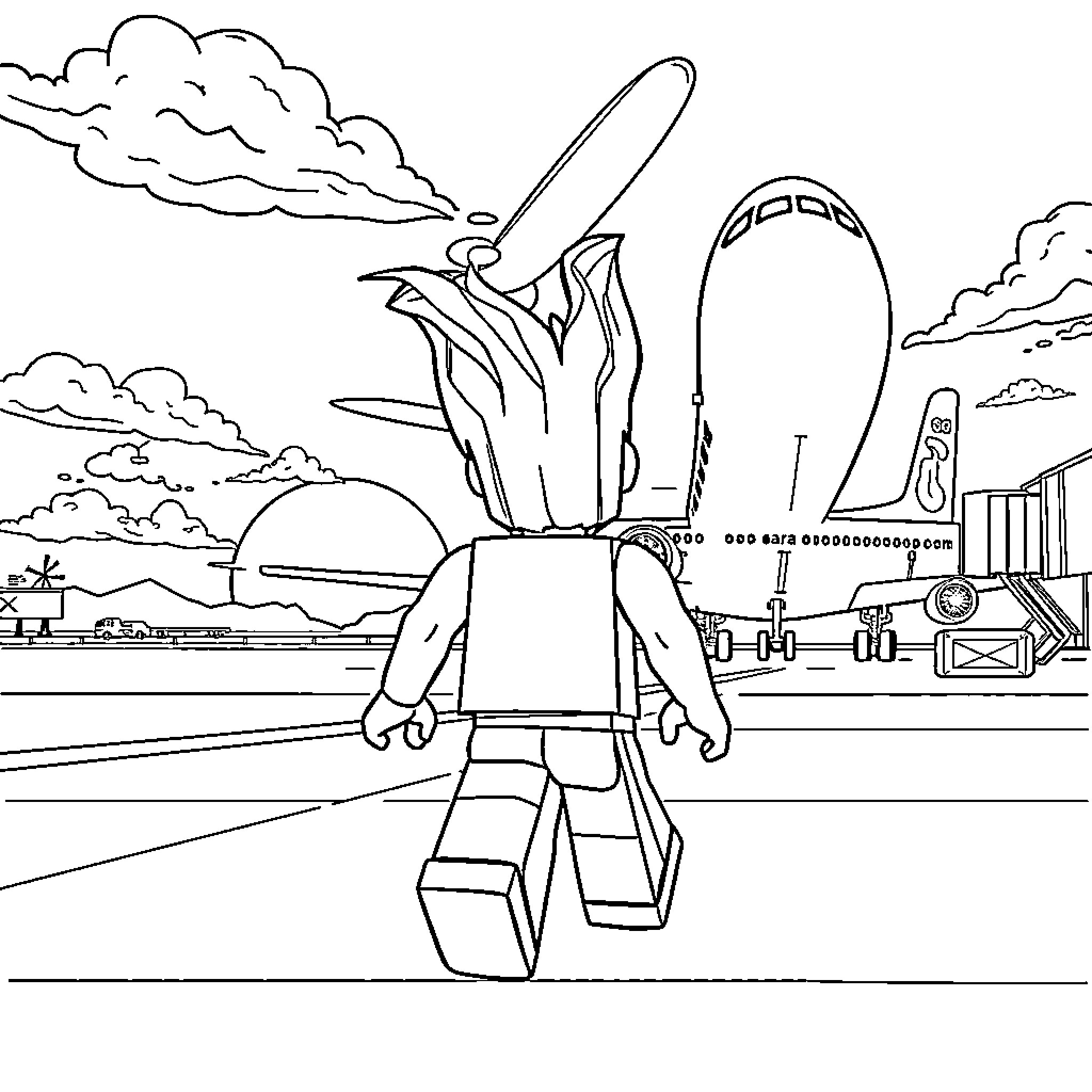 Roblox Bacon character exploring cityscape Coloring Page (free black-and-white line drawing printable PDF for all, from beginners to advanced learners, including children, teens, adults, and seniors)