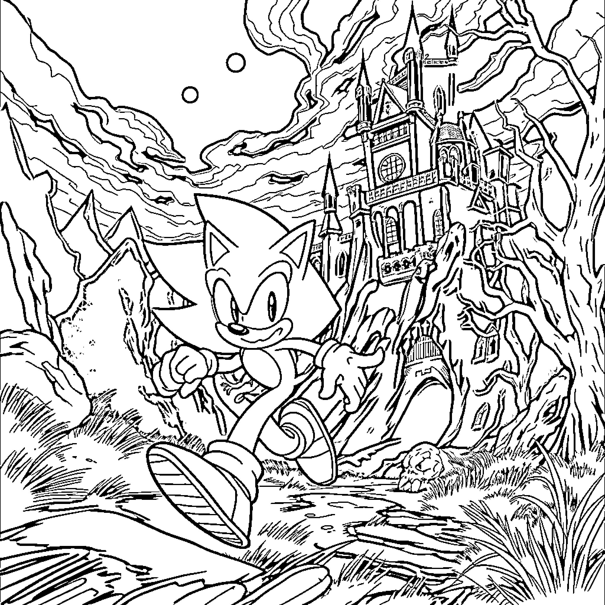Sonic in a fantastical landscape with a towering castle Coloring Page (free black-and-white line drawing printable PDF for all, from beginners to advanced learners, including children, teens, adults, and seniors)