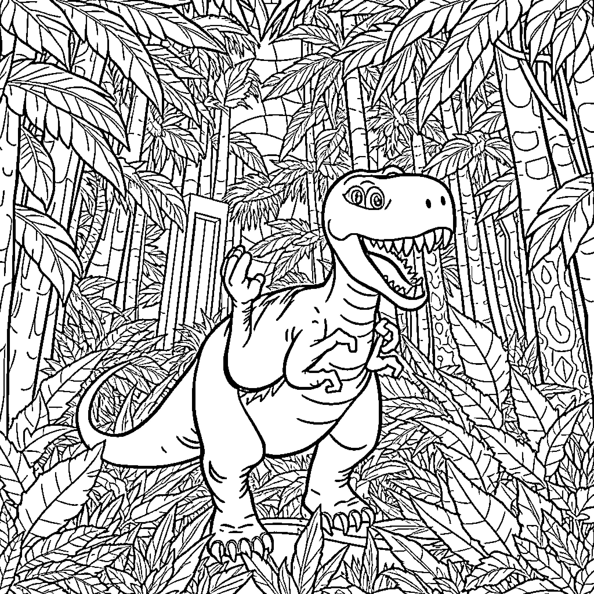 Gritty Dinosaur Roaming the Lush Jungle Coloring Page (free black-and-white line drawing printable PDF for all, from beginners to advanced learners, including children, teens, adults, and seniors)