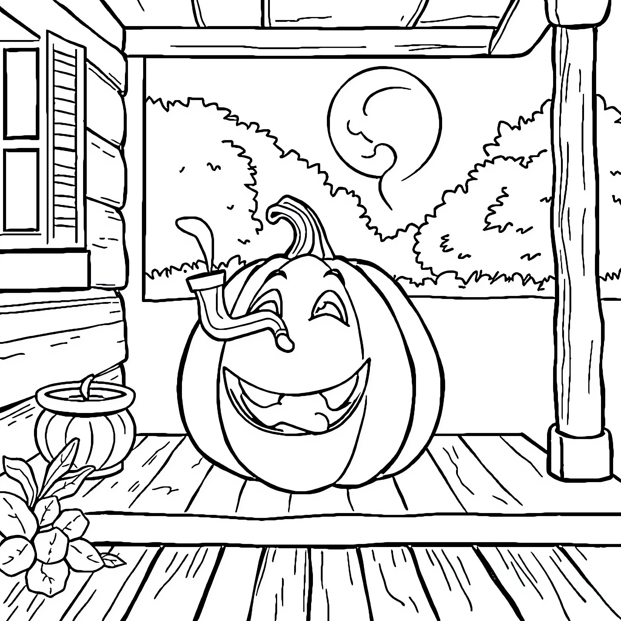 Pumpkin on a porch with a night sky Coloring Page (free black-and-white line drawing printable PDF for all, from beginners to advanced learners, including children, teens, adults, and seniors)