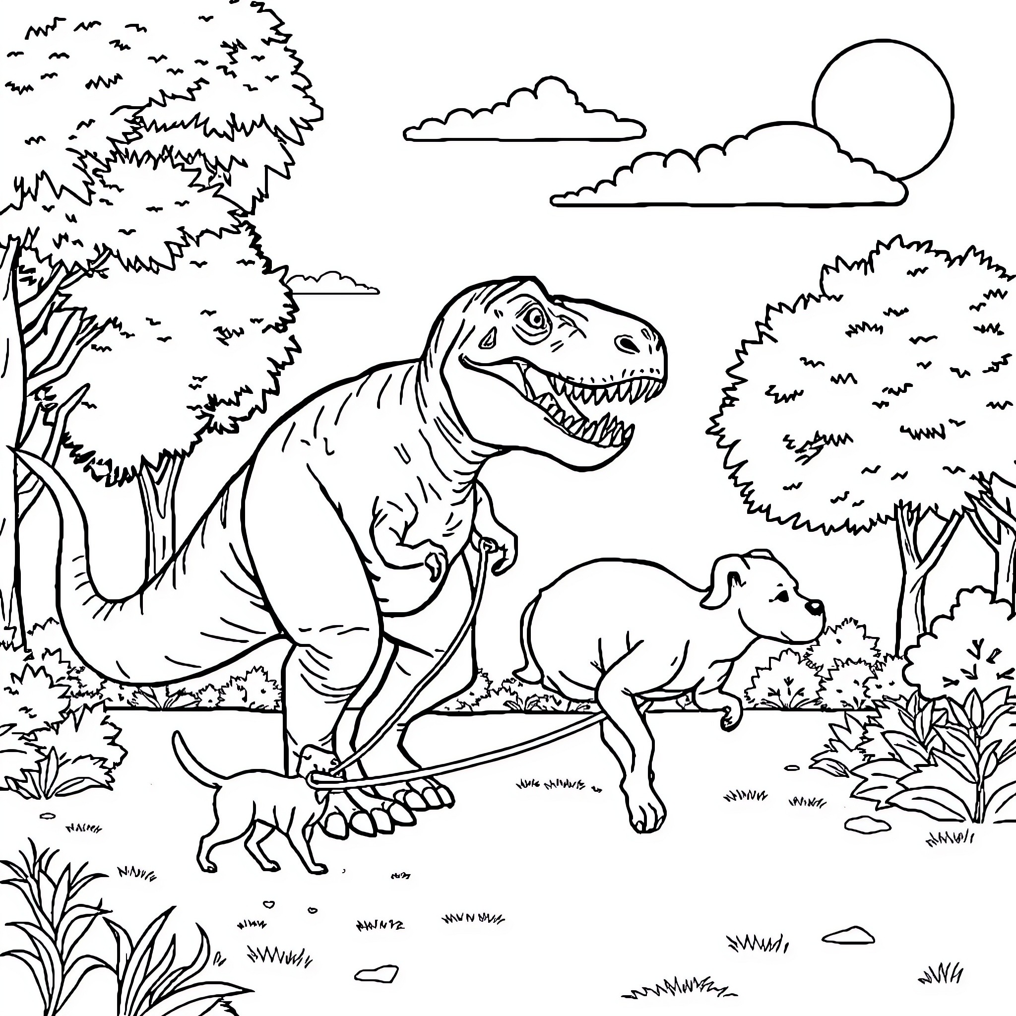Tyrannosaurus Rex in the Prehistoric Landscape Coloring Page (free black-and-white line drawing printable PDF for all, from beginners to advanced learners, including children, teens, adults, and seniors)