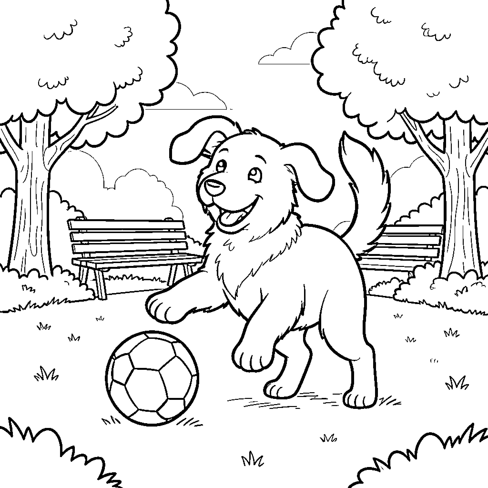 Dog playing with soccer ball in park Coloring Page (free black-and-white line drawing printable PDF for all, from beginners to advanced learners, including children, teens, adults, and seniors)