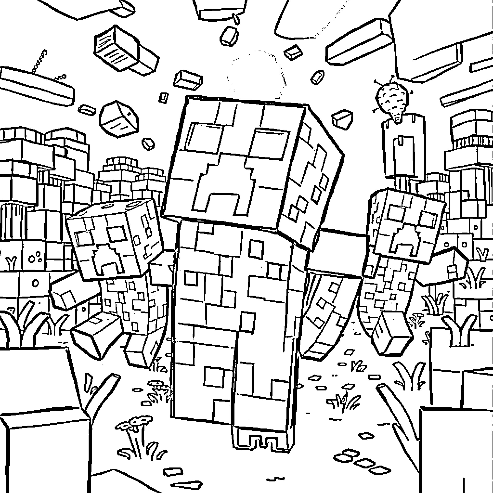 Creeper Invasion in the Blocky Landscape Coloring Page (free black-and-white line drawing printable PDF for all, from beginners to advanced learners, including children, teens, adults, and seniors)