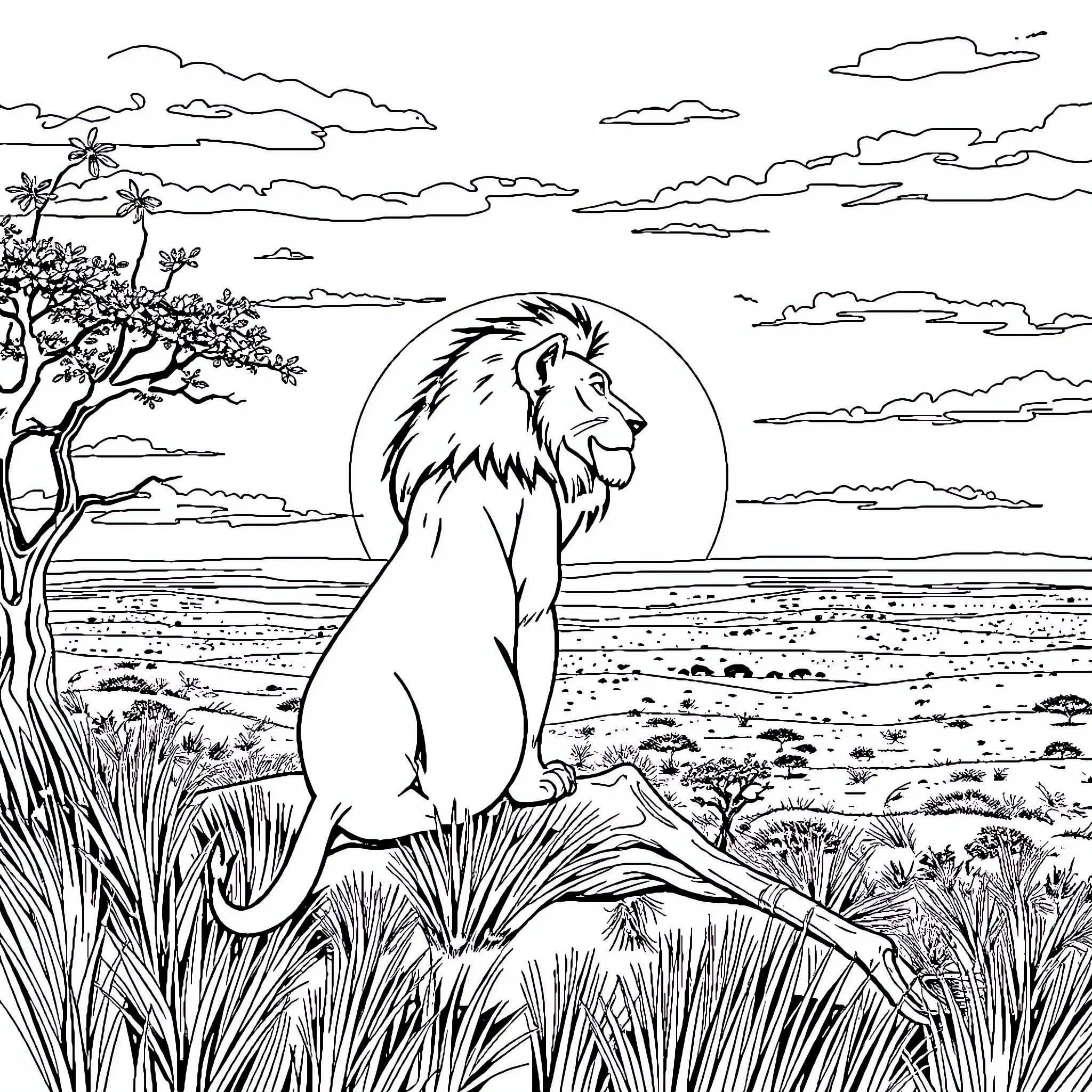 Lion Roaring Majestically in the Savanna Landscape Coloring Page (free black-and-white line drawing printable PDF for all, from beginners to advanced learners, including children, teens, adults, and seniors)