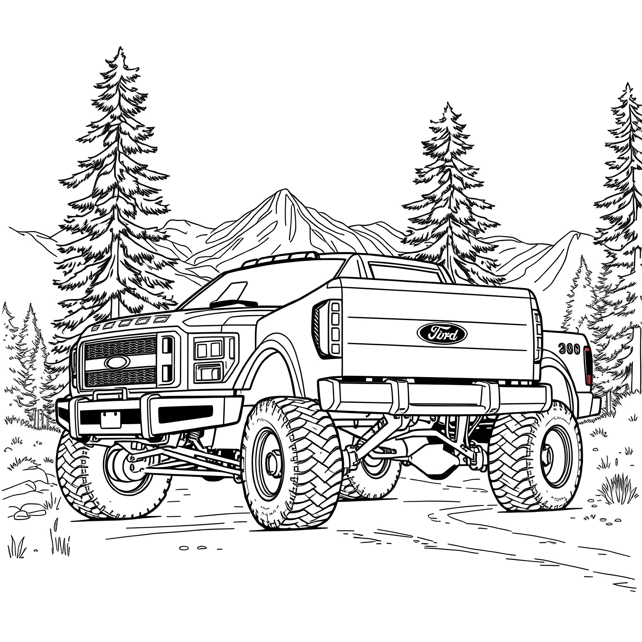 Ford Pickup Truck Adventure in the Mountains Coloring Page (free black-and-white line drawing printable PDF for all, from beginners to advanced learners, including children, teens, adults, and seniors)