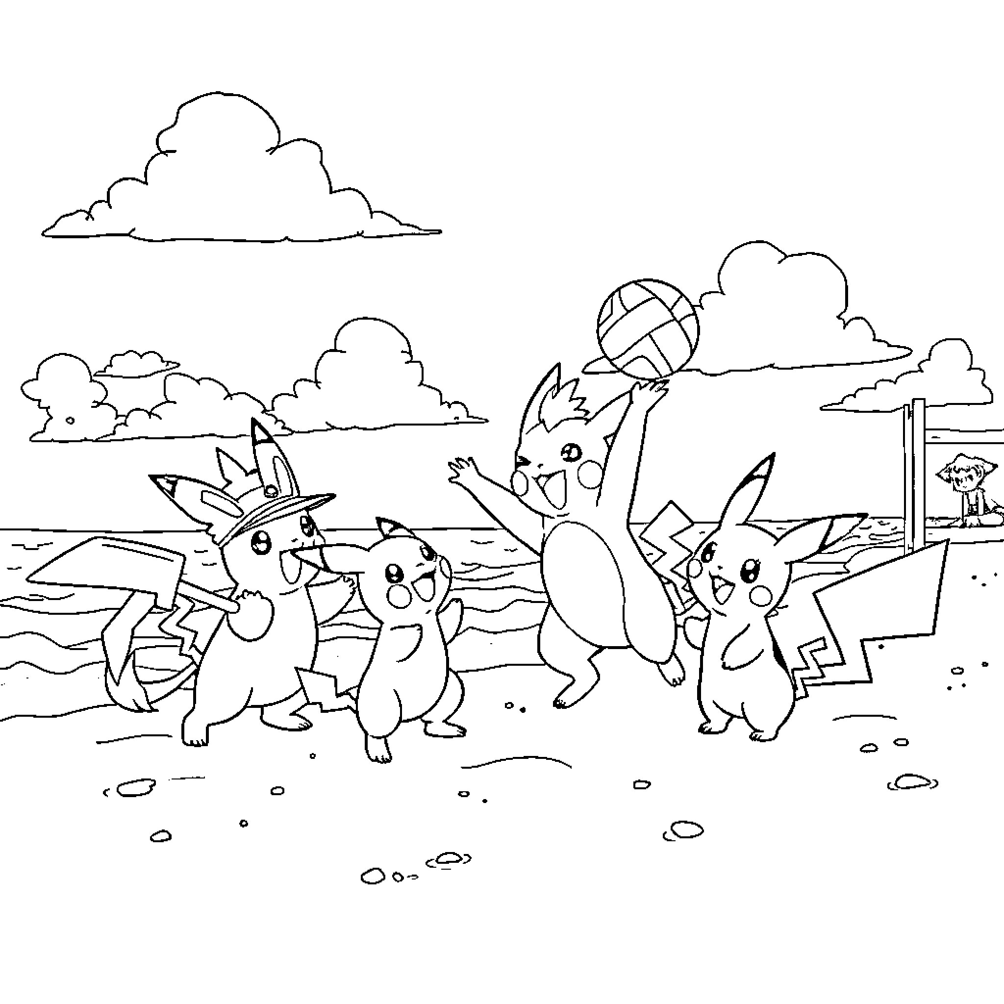 Pokémon characters playing and having fun outdoors Coloring Page (free black-and-white line drawing printable PDF for all, from beginners to advanced learners, including children, teens, adults, and seniors)