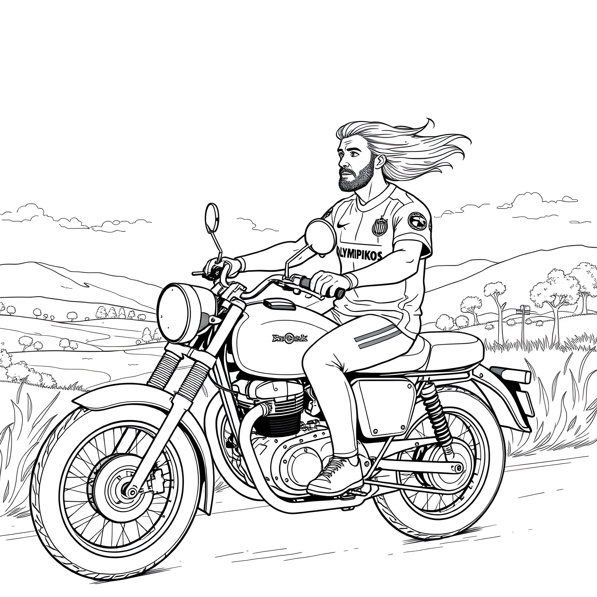 Kolokotronis riding a motorcycle on a countryside road Coloring Page (free black-and-white line drawing printable PDF for all, from beginners to advanced learners, including children, teens, adults, and seniors)