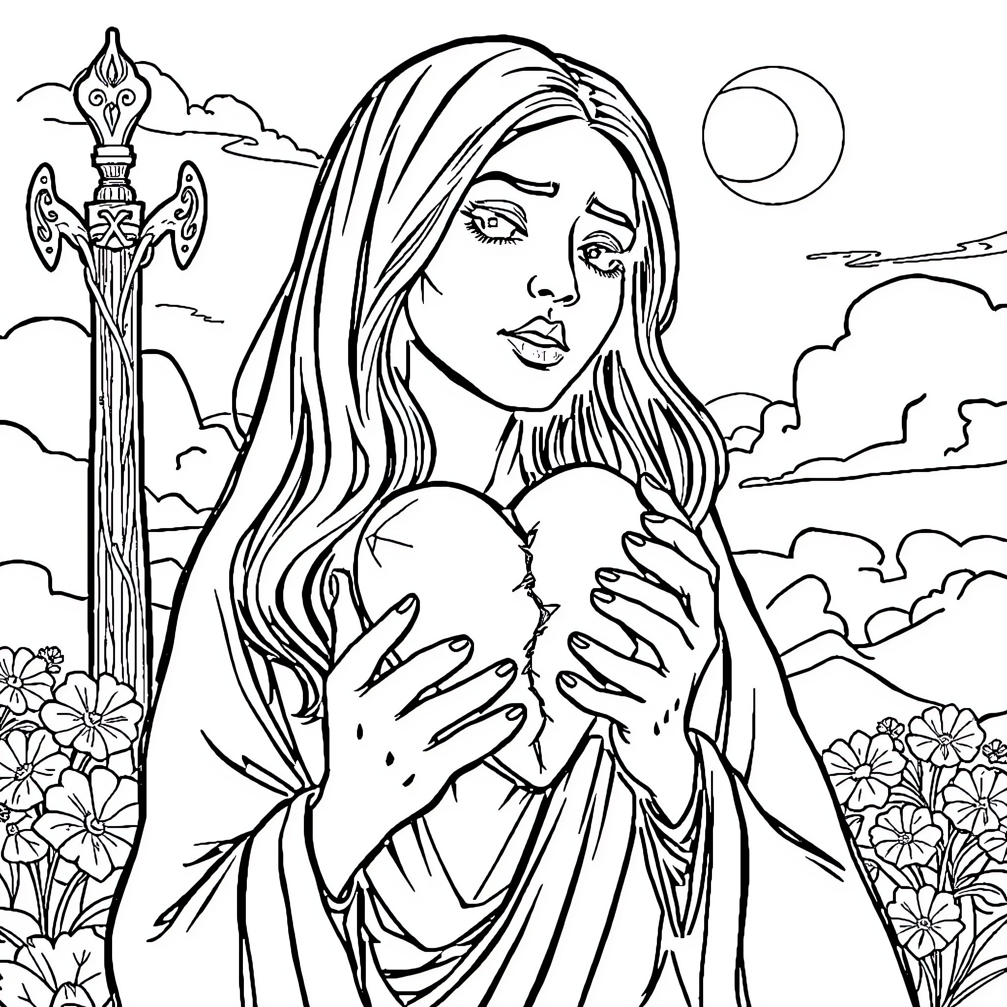 Mujer con niño en un campo de flores Coloring Page (free black-and-white line drawing printable PDF for all, from beginners to advanced learners, including children, teens, adults, and seniors)