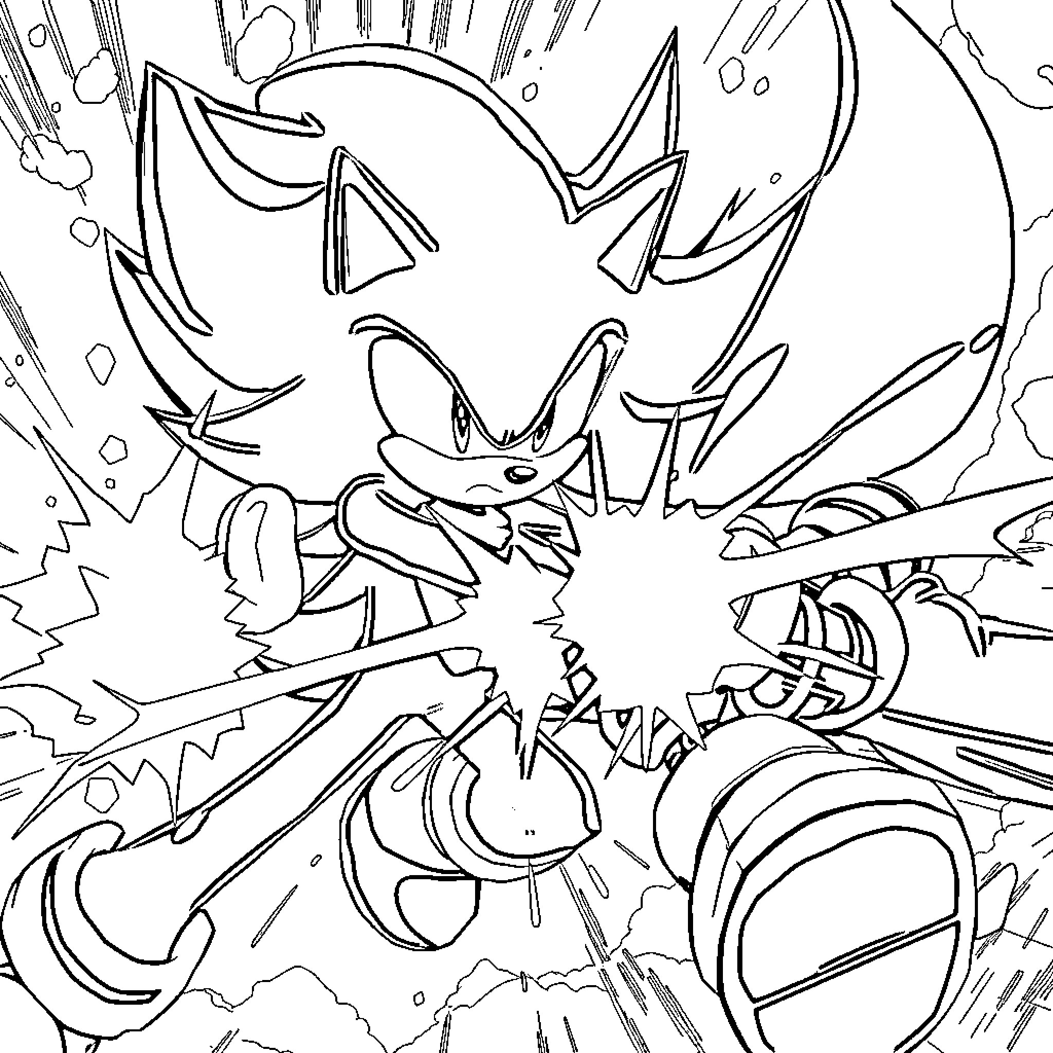 Shadow of Ferocious Creature in Chaotic Scene Coloring Page (free black-and-white line drawing printable PDF for all, from beginners to advanced learners, including children, teens, adults, and seniors)