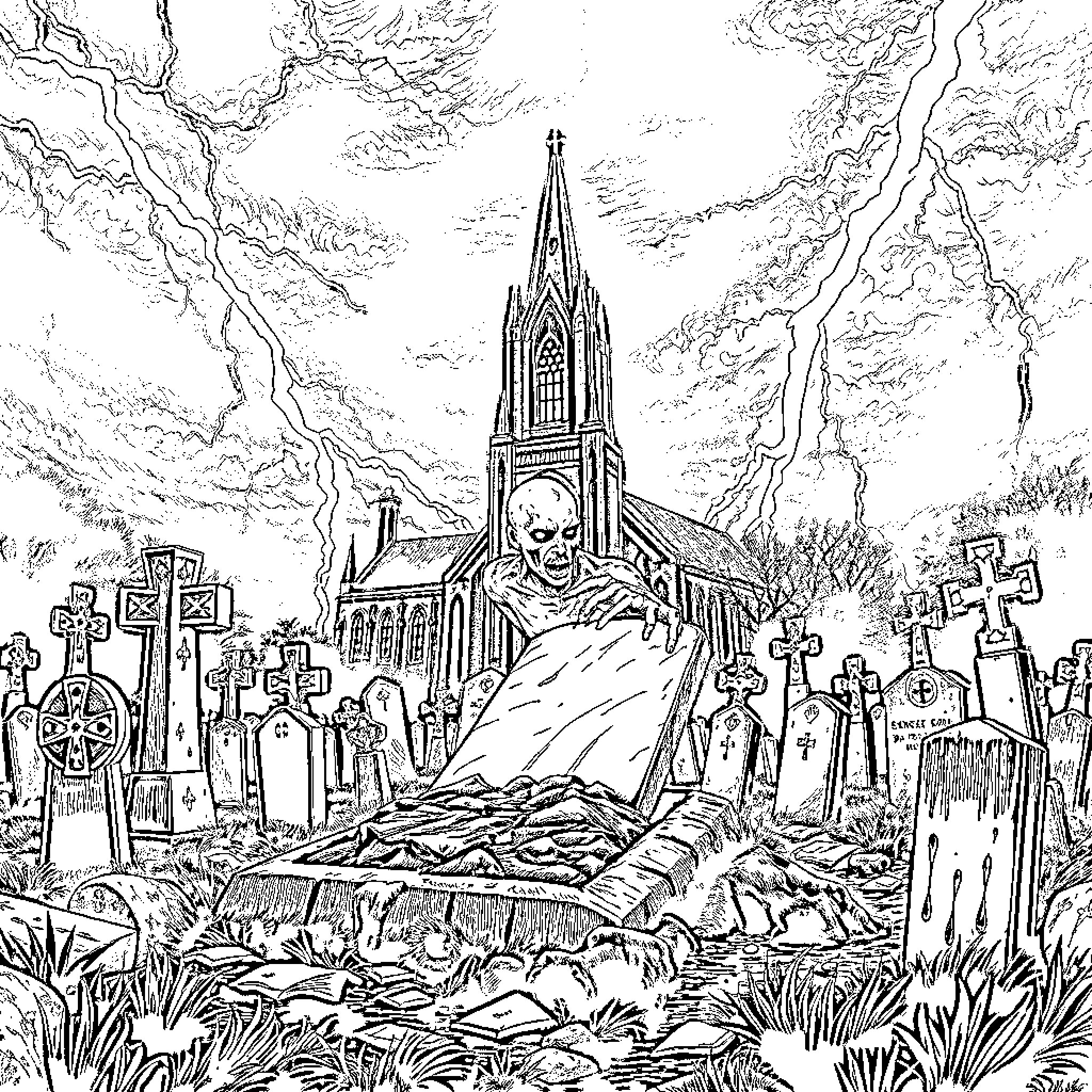 Zombie Rising from Graveyard near Gothic Cathedral Coloring Page (free black-and-white line drawing printable PDF for all, from beginners to advanced learners, including children, teens, adults, and seniors)