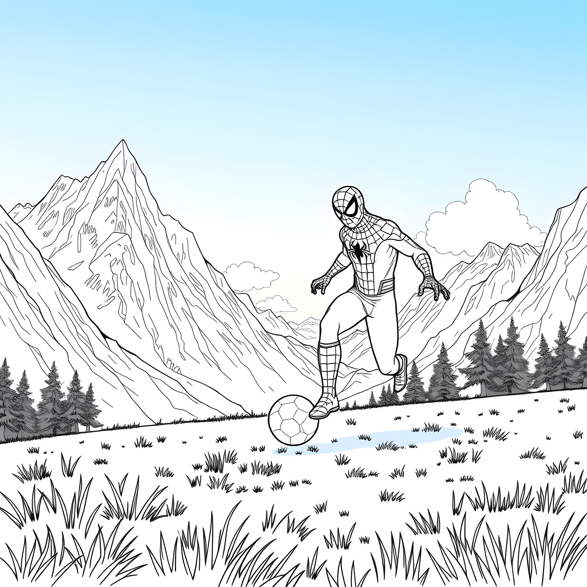 Spiderman swinging through the mountains and forests Coloring Page (free black-and-white line drawing printable PDF for all, from beginners to advanced learners, including children, teens, adults, and seniors)