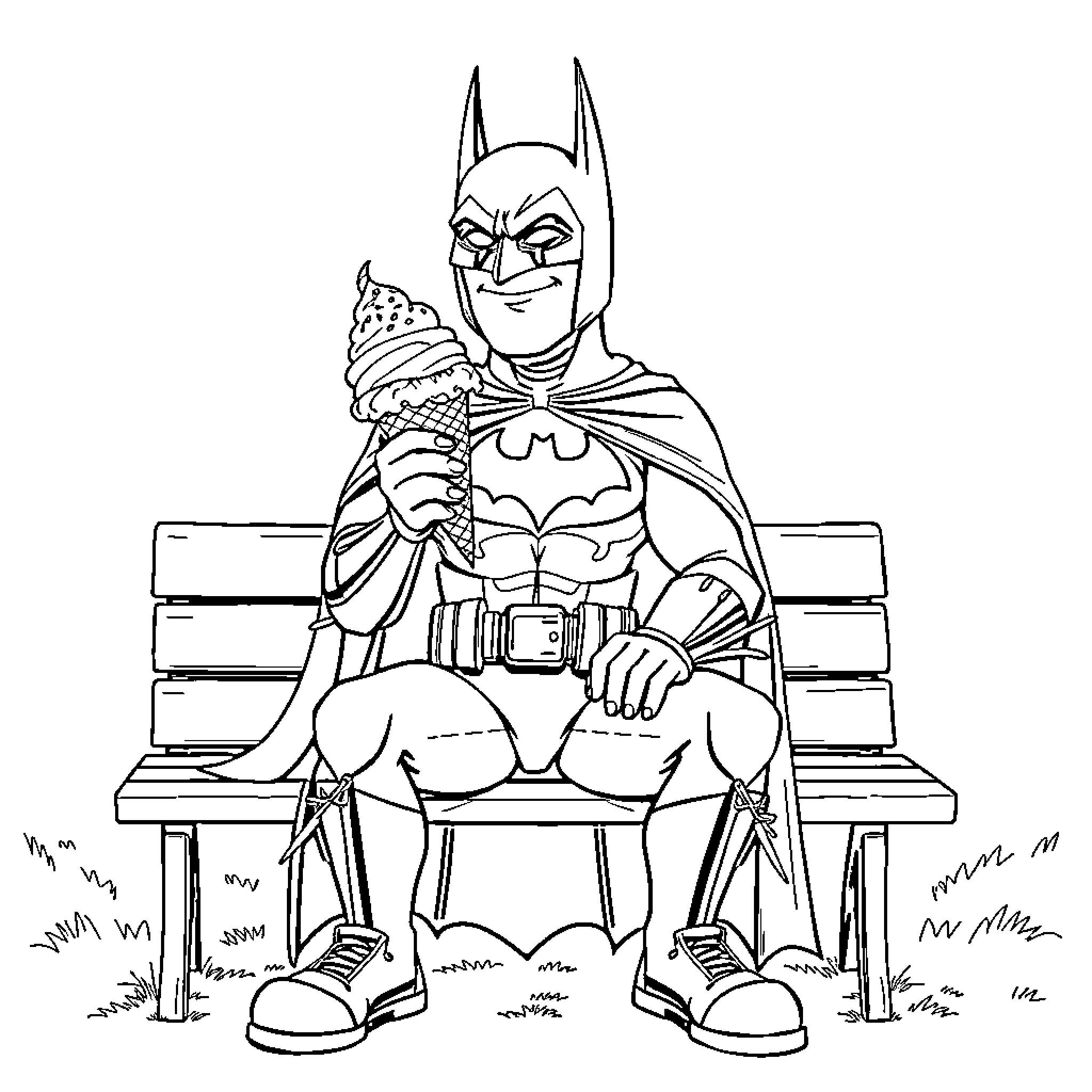 Batman enjoying an ice cream on a park bench Coloring Page (free black-and-white line drawing printable PDF for all, from beginners to advanced learners, including children, teens, adults, and seniors)