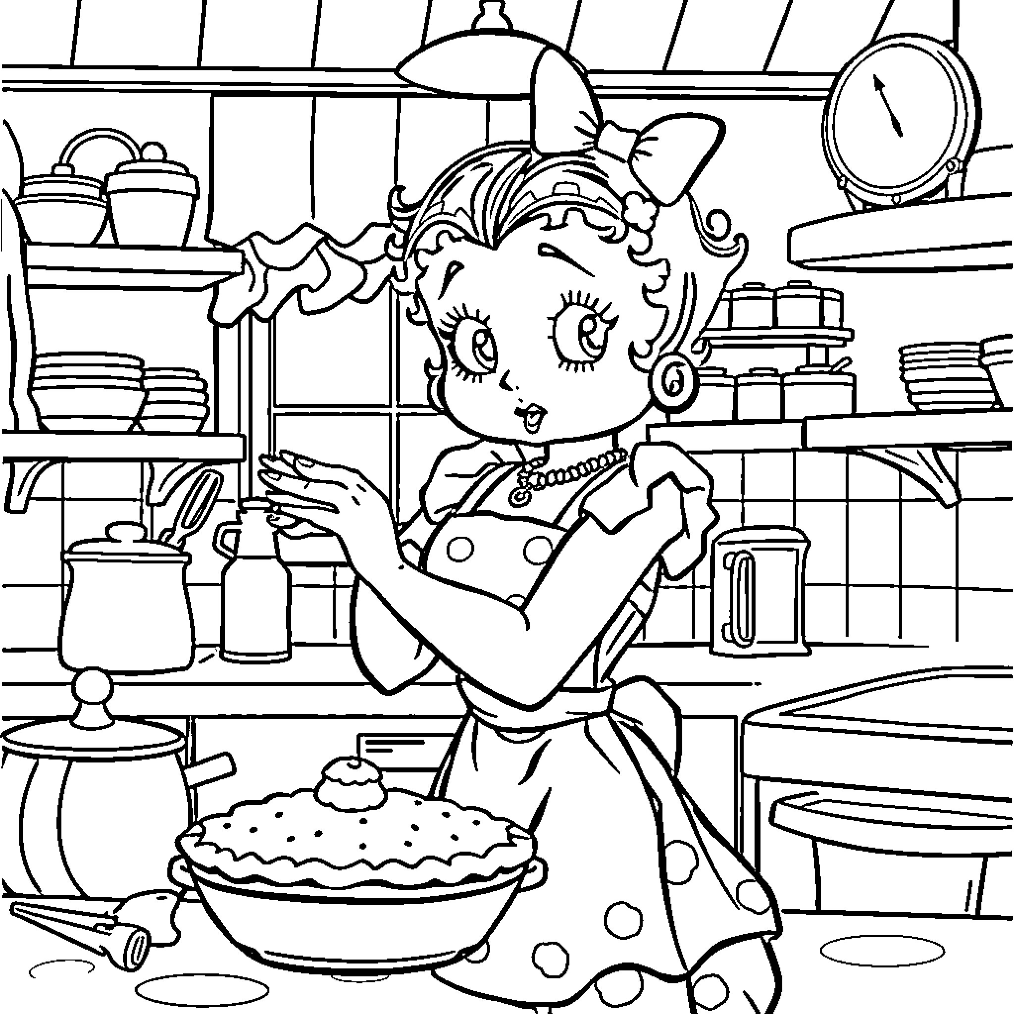 Betty Boop Cooking Up a Delicious Treat in the Kitchen Coloring Page (free black-and-white line drawing printable PDF for all, from beginners to advanced learners, including children, teens, adults, and seniors)