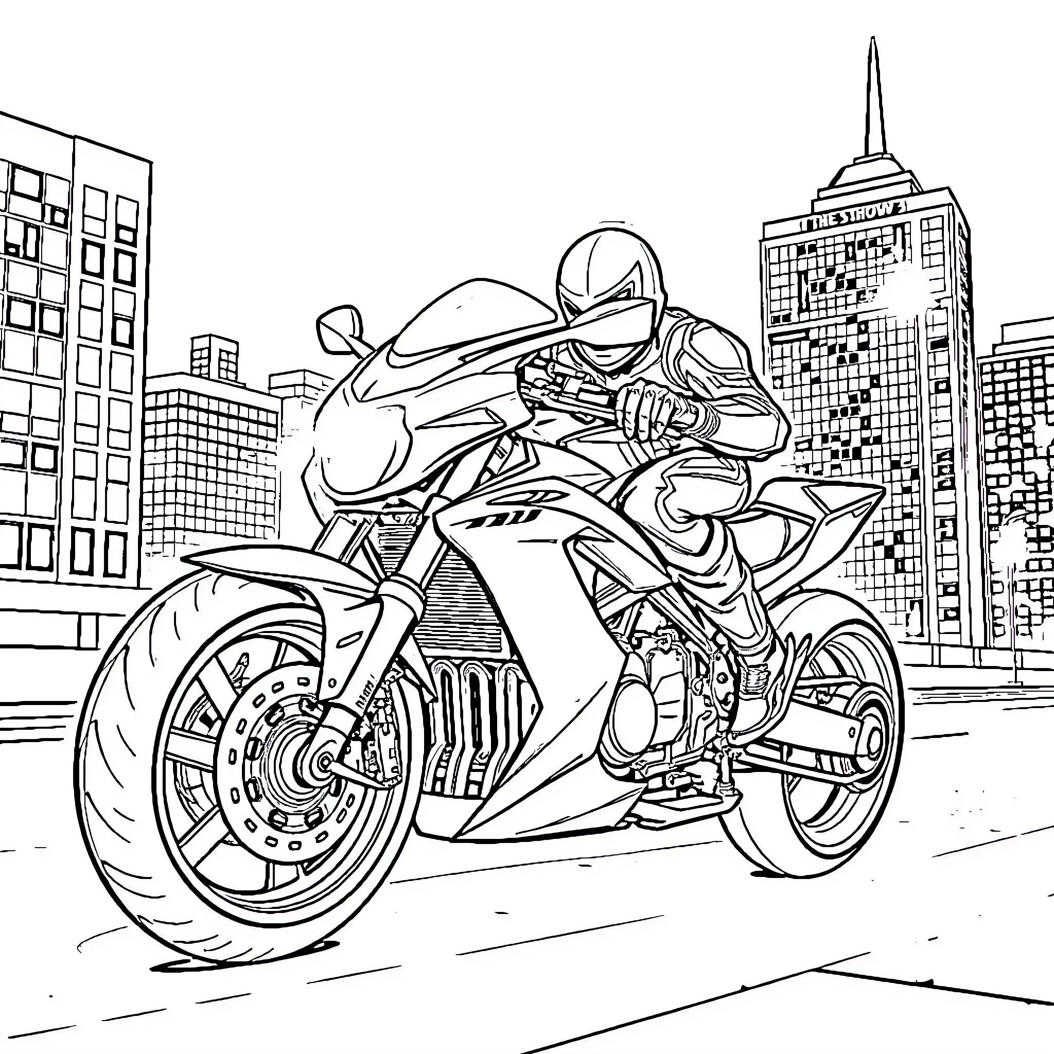Nightwings speeding through the city streets Coloring Page (free black-and-white line drawing printable PDF for all, from beginners to advanced learners, including children, teens, adults, and seniors)