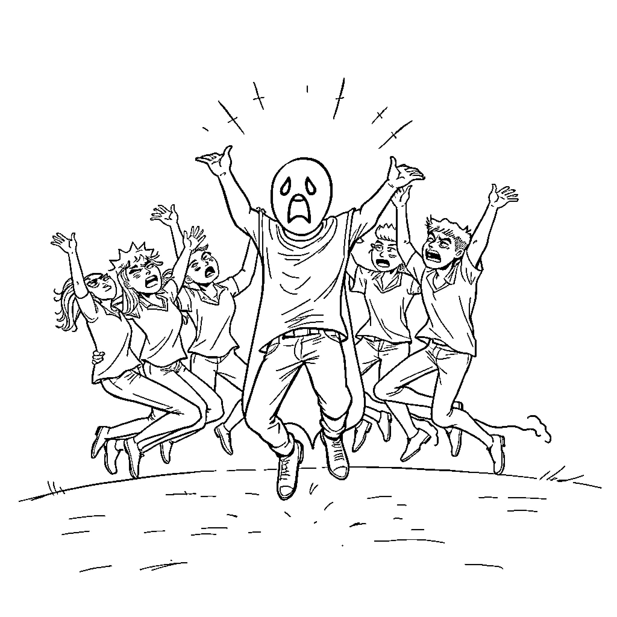 Ghost leading a group of joyful figures Coloring Page (free black-and-white line drawing printable PDF for all, from beginners to advanced learners, including children, teens, adults, and seniors)