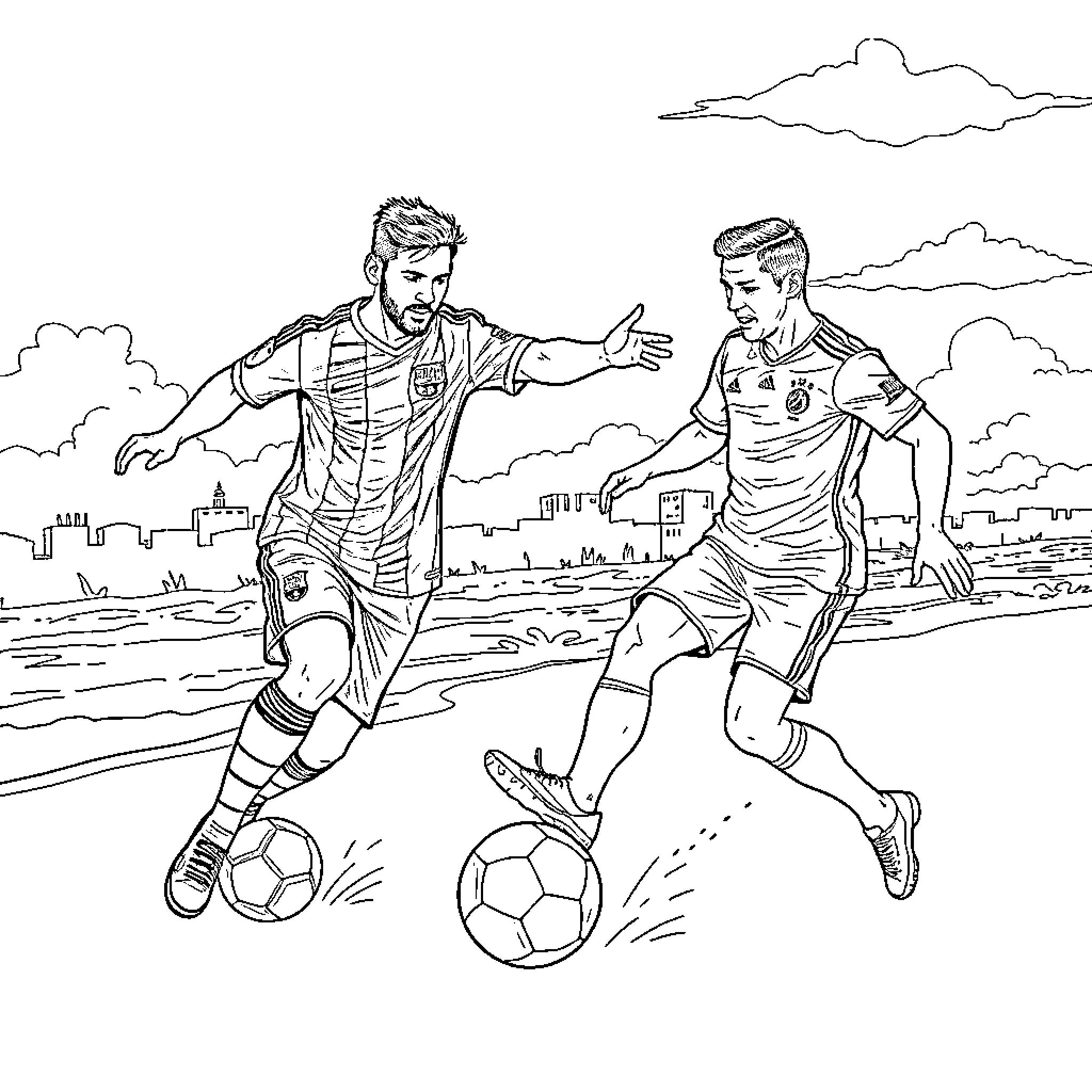 Messi and another soccer player dribbling on the field Coloring Page (free black-and-white line drawing printable PDF for all, from beginners to advanced learners, including children, teens, adults, and seniors)