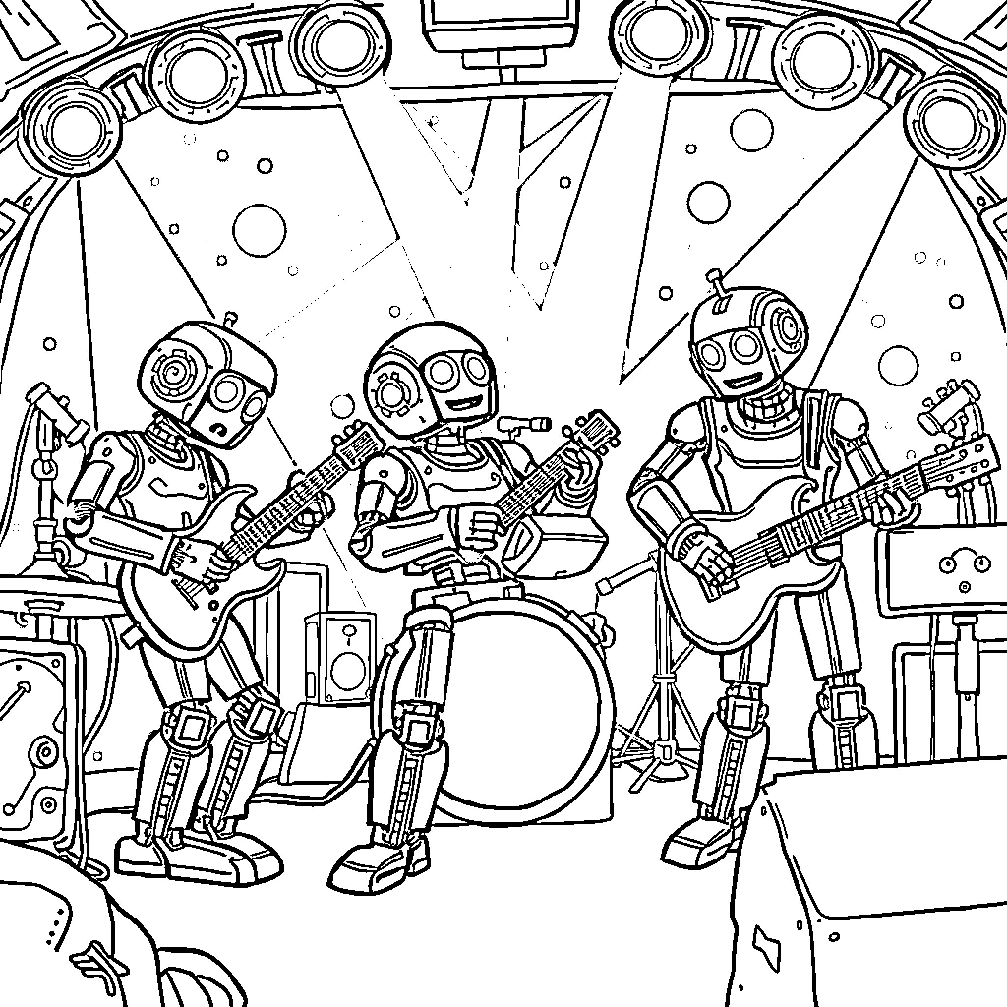 Robot band performing on stage Coloring Page (free black-and-white line drawing printable PDF for all, from beginners to advanced learners, including children, teens, adults, and seniors)