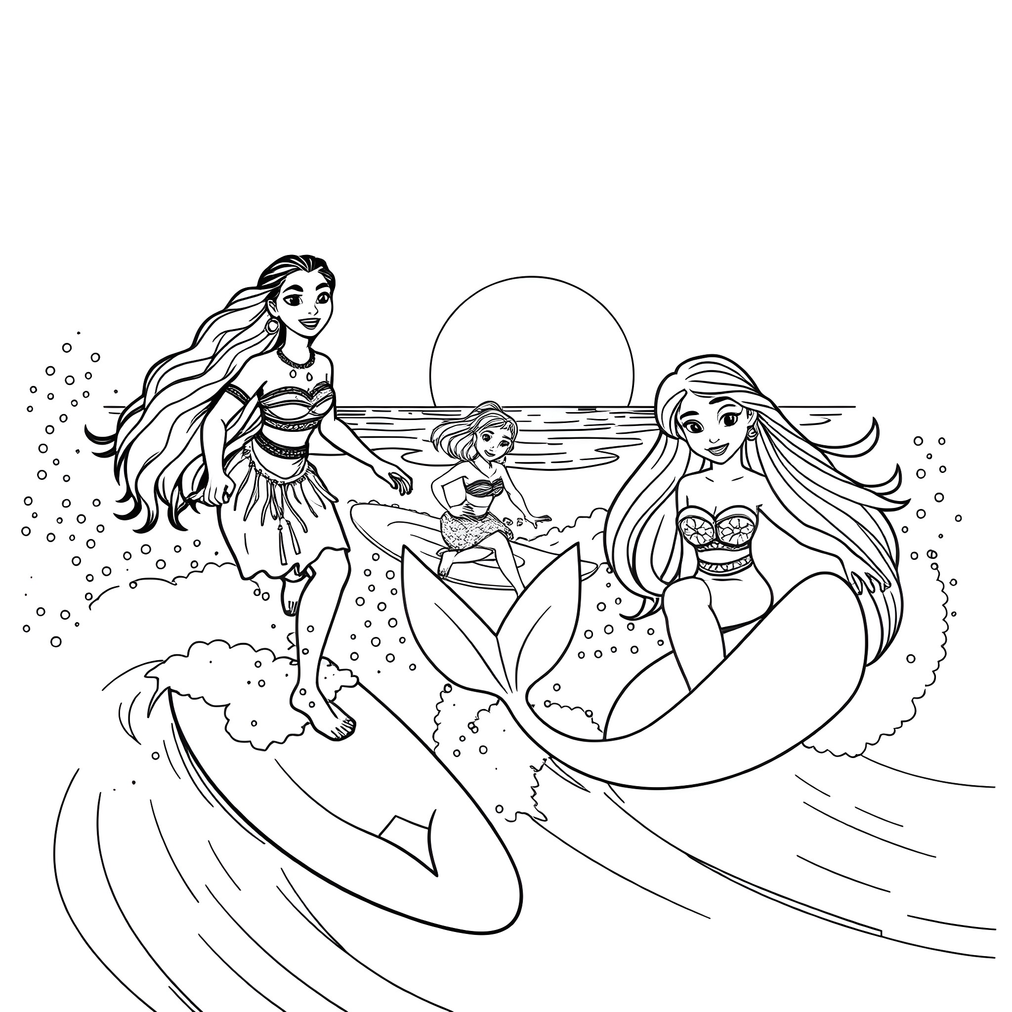 Pocahontas and mermaid friends enjoy ocean adventure Coloring Page (free black-and-white line drawing printable PDF for all, from beginners to advanced learners, including children, teens, adults, and seniors)