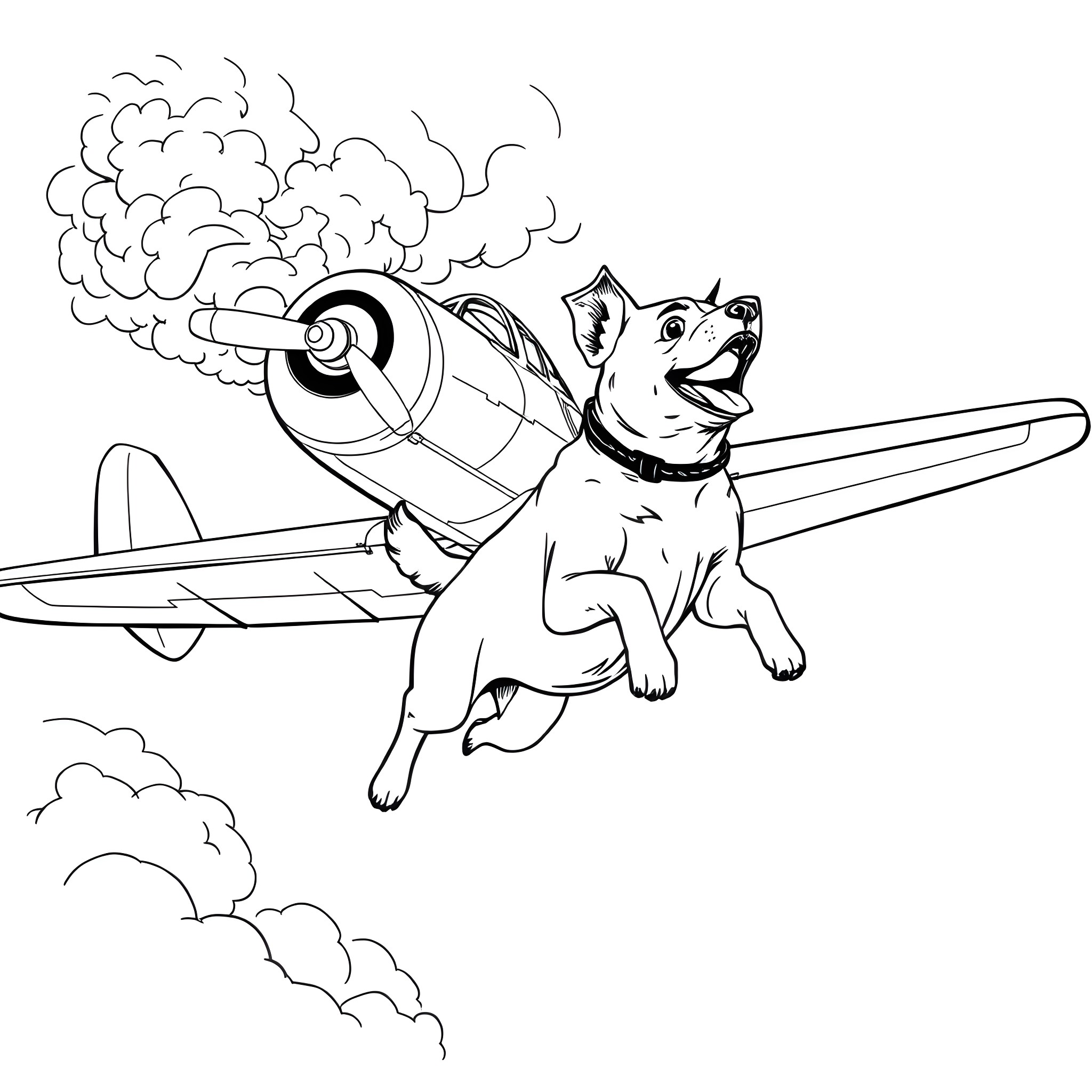 Dog riding a rocket-powered plane Coloring Page (free black-and-white line drawing printable PDF for all, from beginners to advanced learners, including children, teens, adults, and seniors)