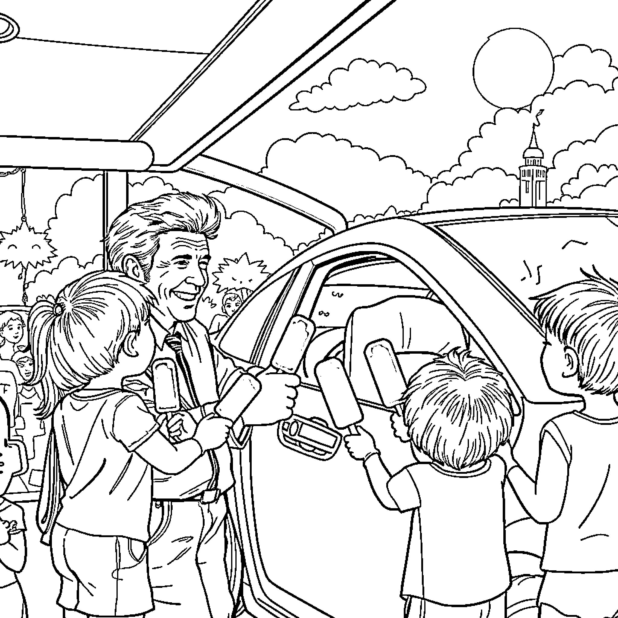 Robin Williams enjoying time with fans at an event Coloring Page (free black-and-white line drawing printable PDF for all, from beginners to advanced learners, including children, teens, adults, and seniors)