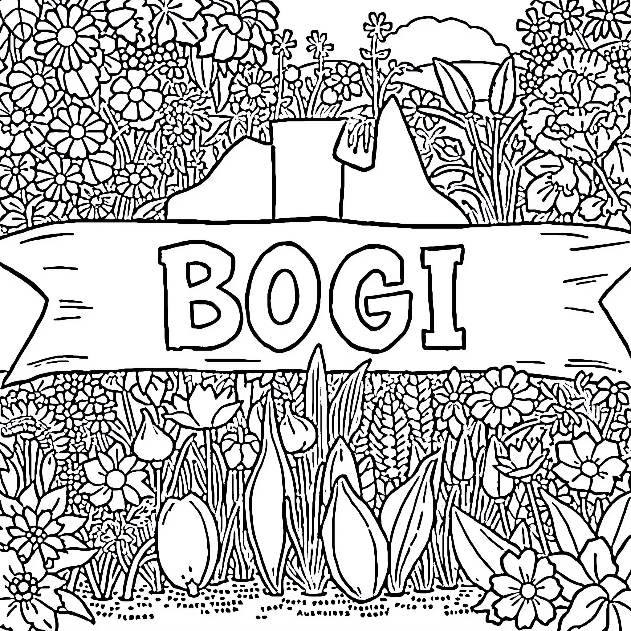 Garden filled with vibrant flowers and the word BOGI Coloring Page (free black-and-white line drawing printable PDF for all, from beginners to advanced learners, including children, teens, adults, and seniors)