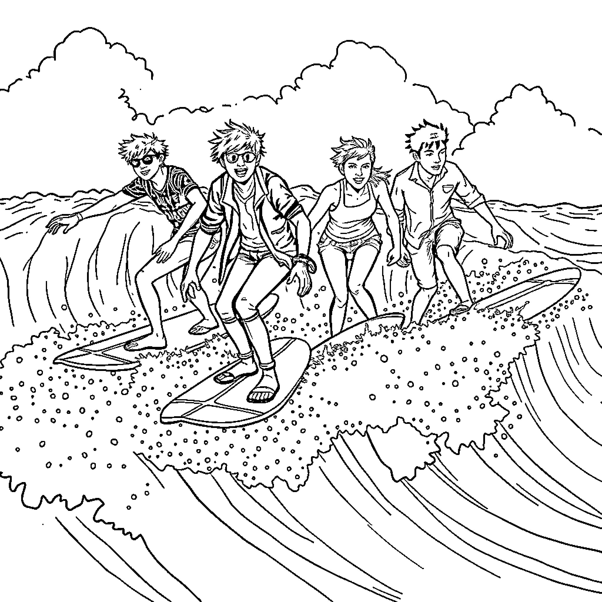 Fall Out Boy Surfing the Waves Coloring Page (free black-and-white line drawing printable PDF for all, from beginners to advanced learners, including children, teens, adults, and seniors)