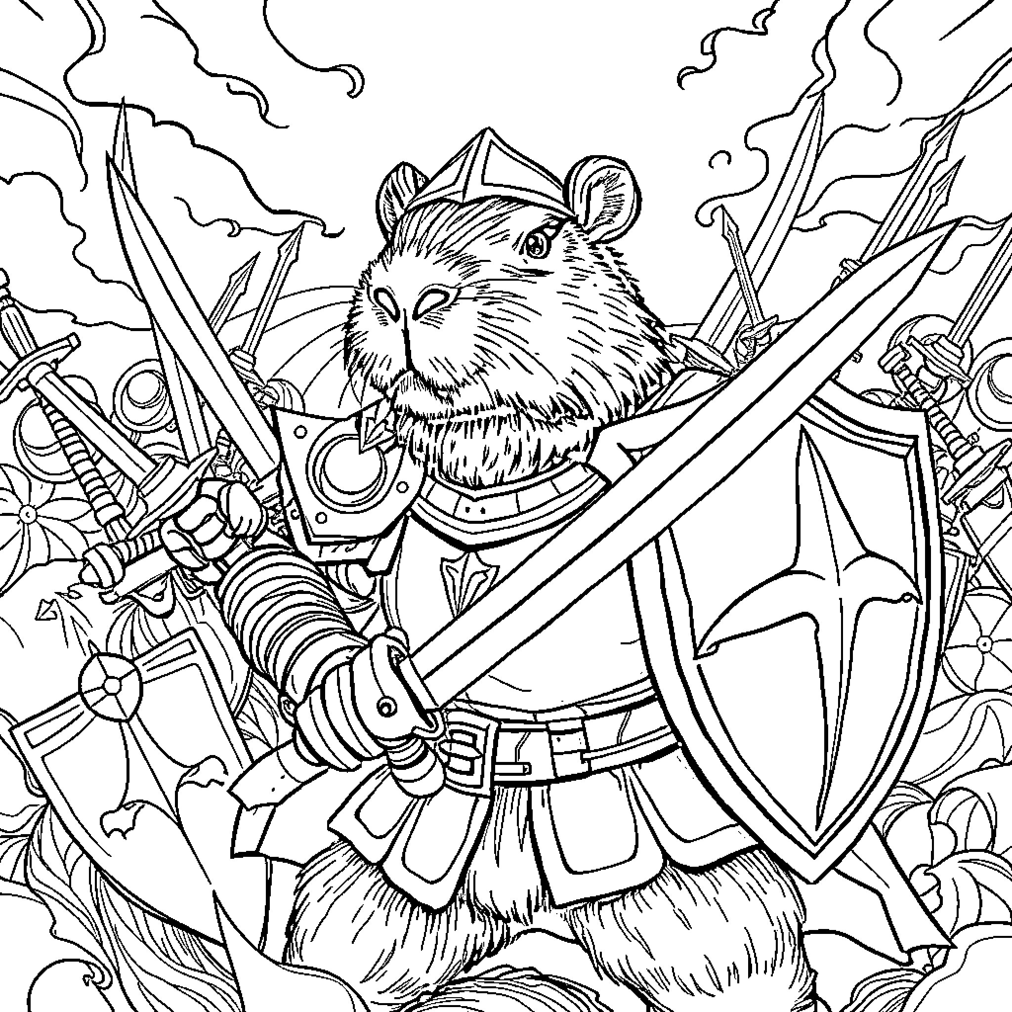 Capybara warrior wielding shield and sword in battle Coloring Page (free black-and-white line drawing printable PDF for all, from beginners to advanced learners, including children, teens, adults, and seniors)
