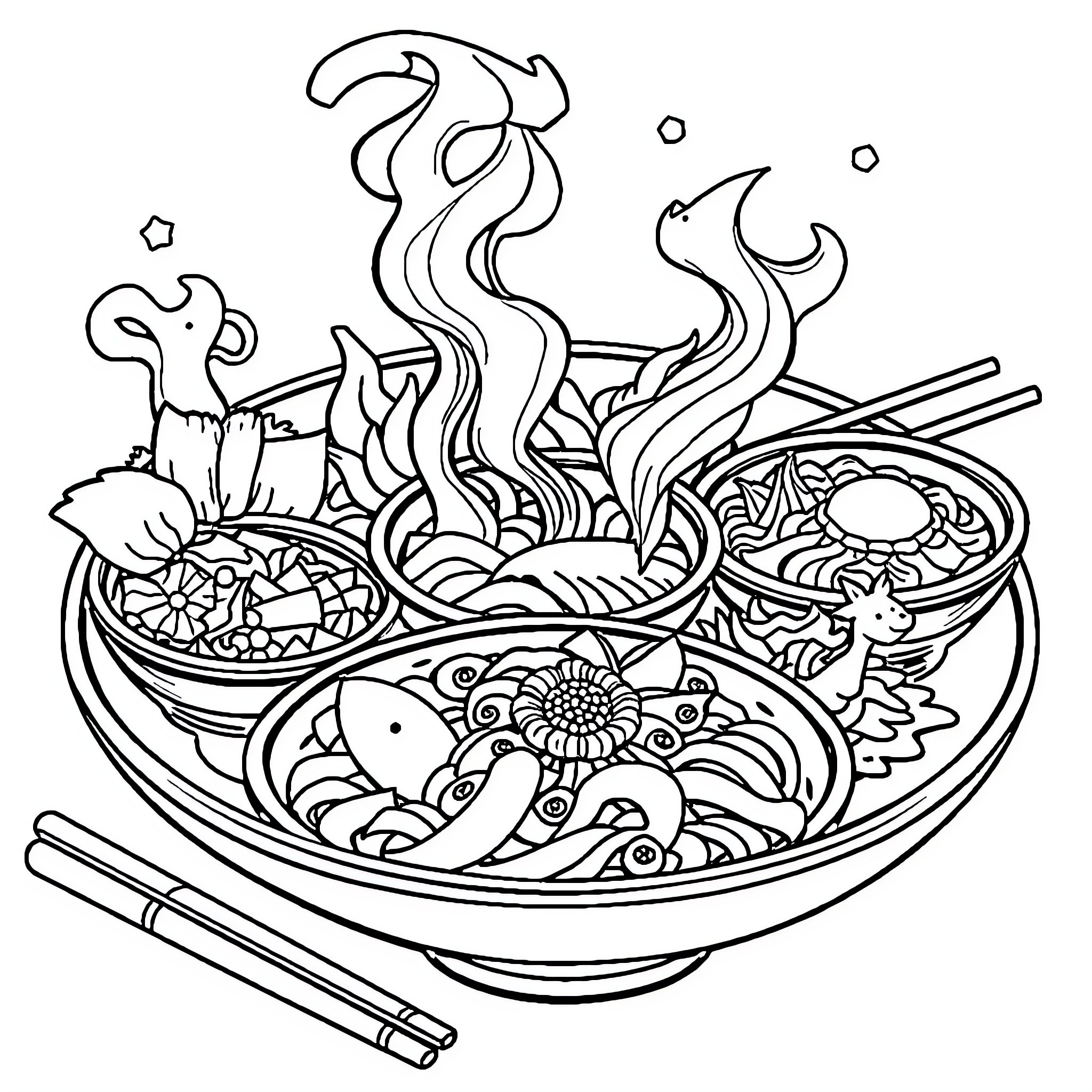 Sangoku Delicious Ramen Bowl with Intricate Details Coloring Page (free black-and-white line drawing printable PDF for all, from beginners to advanced learners, including children, teens, adults, and seniors)