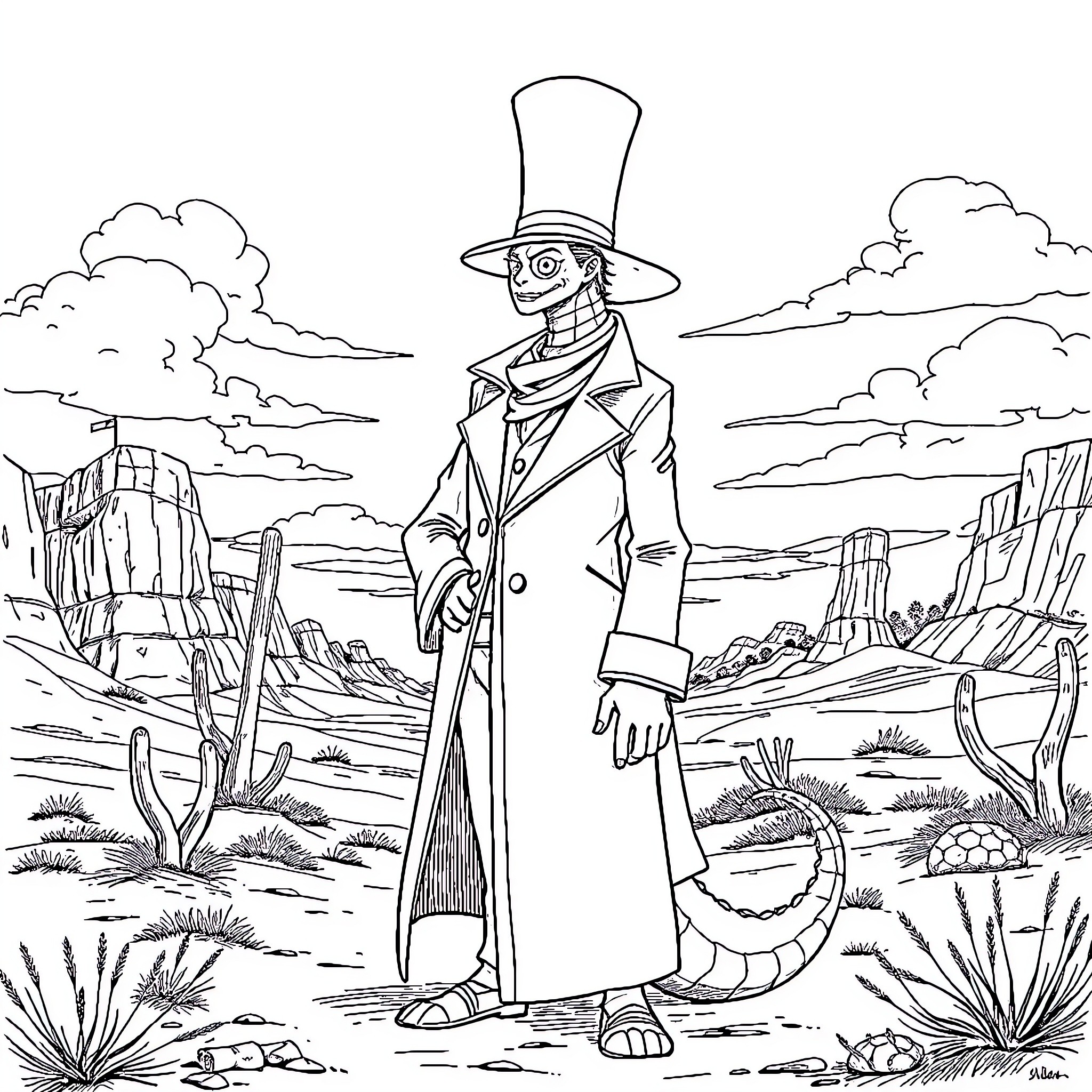 Crocodile wearing a top hat in a desert landscape Coloring Page (free black-and-white line drawing printable PDF for all, from beginners to advanced learners, including children, teens, adults, and seniors)