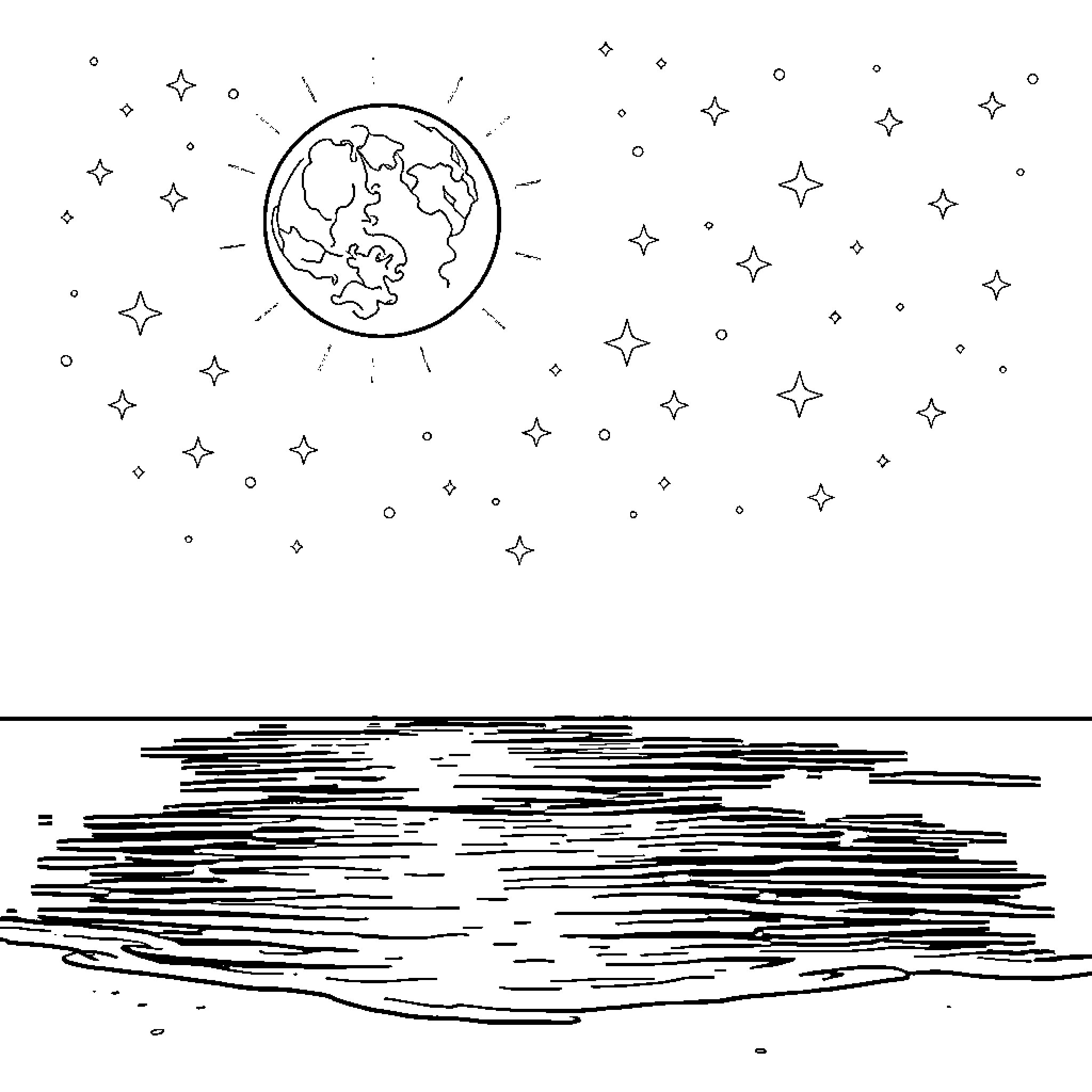 Moon shining over the serene ocean Coloring Page (free black-and-white line drawing printable PDF for all, from beginners to advanced learners, including children, teens, adults, and seniors)