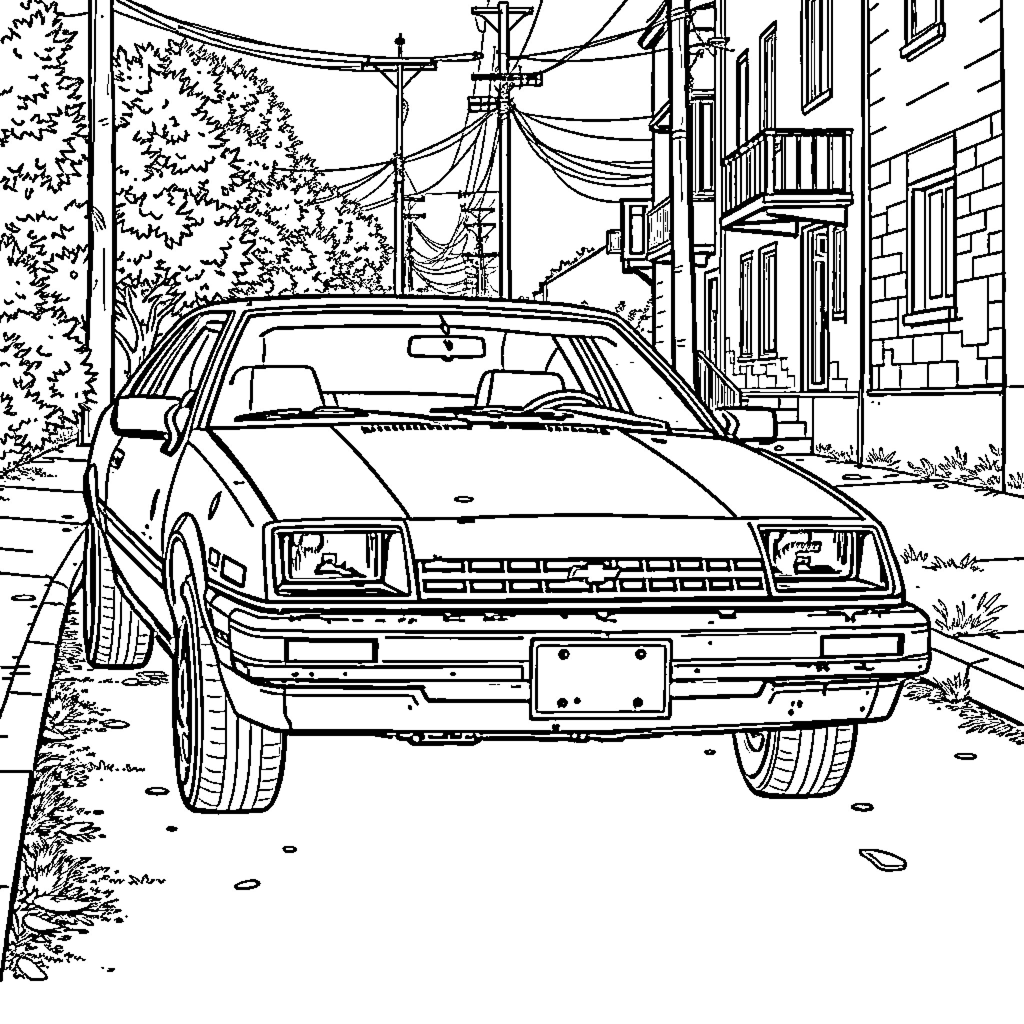 Chevrolet Chevette parked on a city street Coloring Page (free black-and-white line drawing printable PDF for all, from beginners to advanced learners, including children, teens, adults, and seniors)