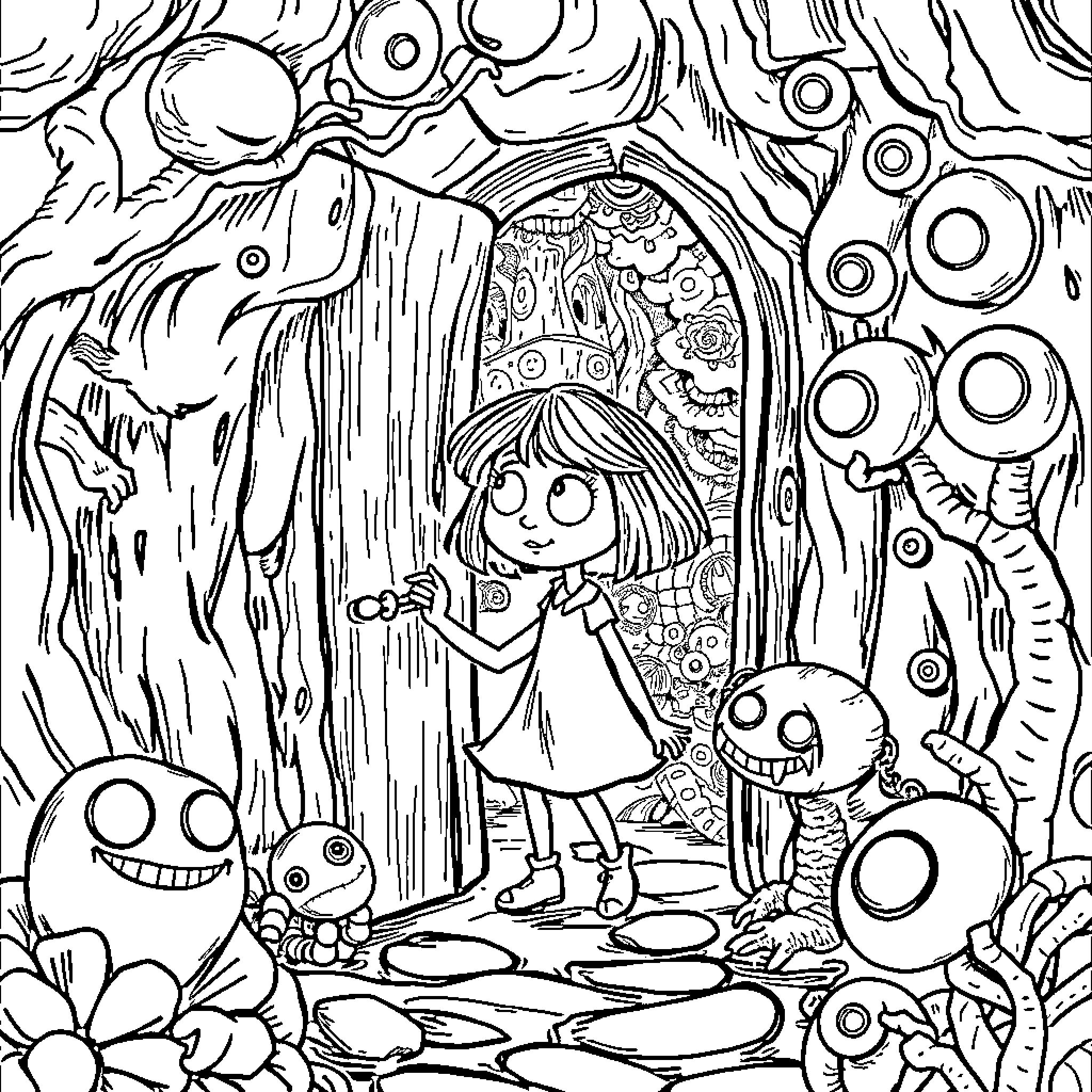Coraline exploring the enchanted otherworldly realm Coloring Page (free black-and-white line drawing printable PDF for all, from beginners to advanced learners, including children, teens, adults, and seniors)