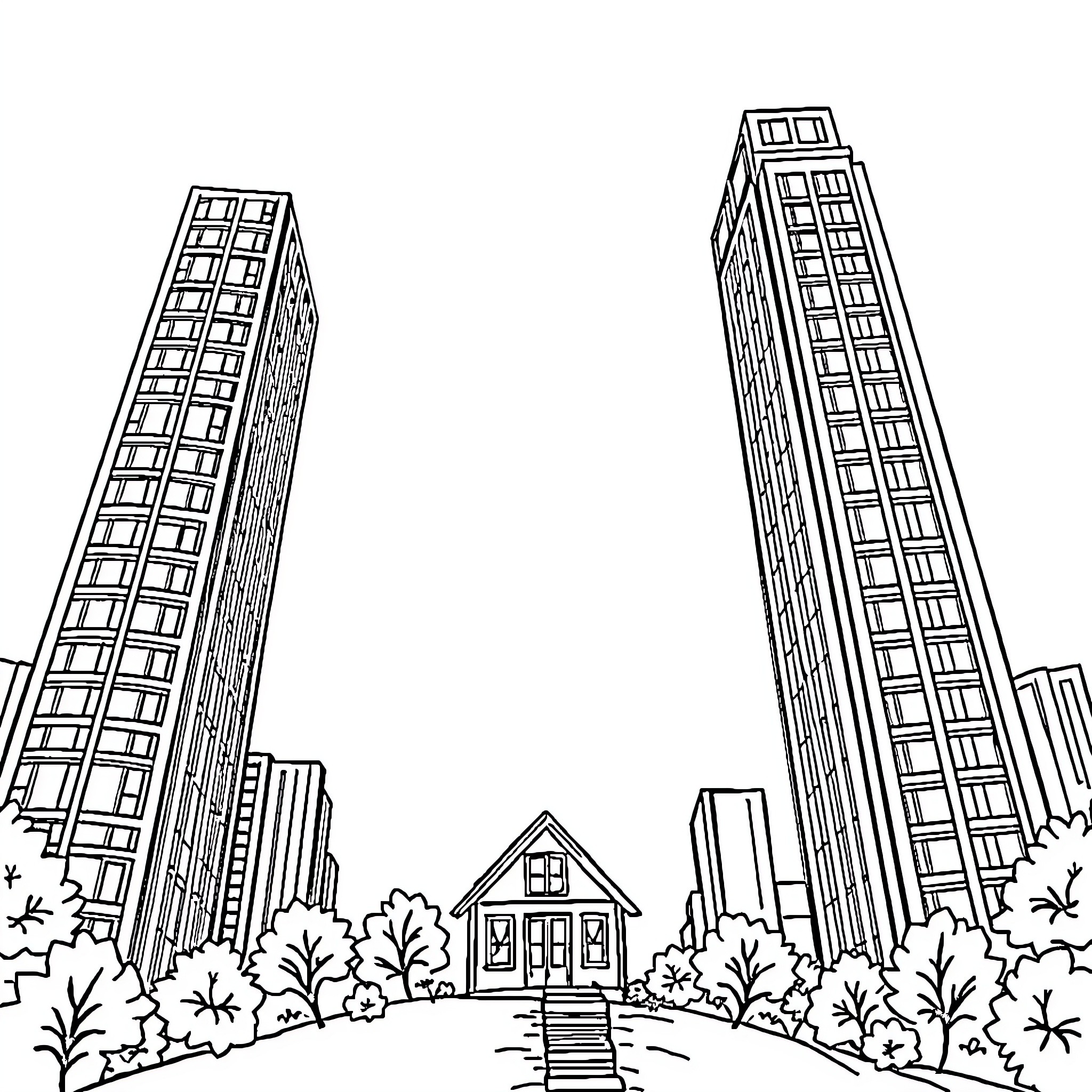 House standing amidst towering city skyscrapers Coloring Page (free black-and-white line drawing printable PDF for all, from beginners to advanced learners, including children, teens, adults, and seniors)