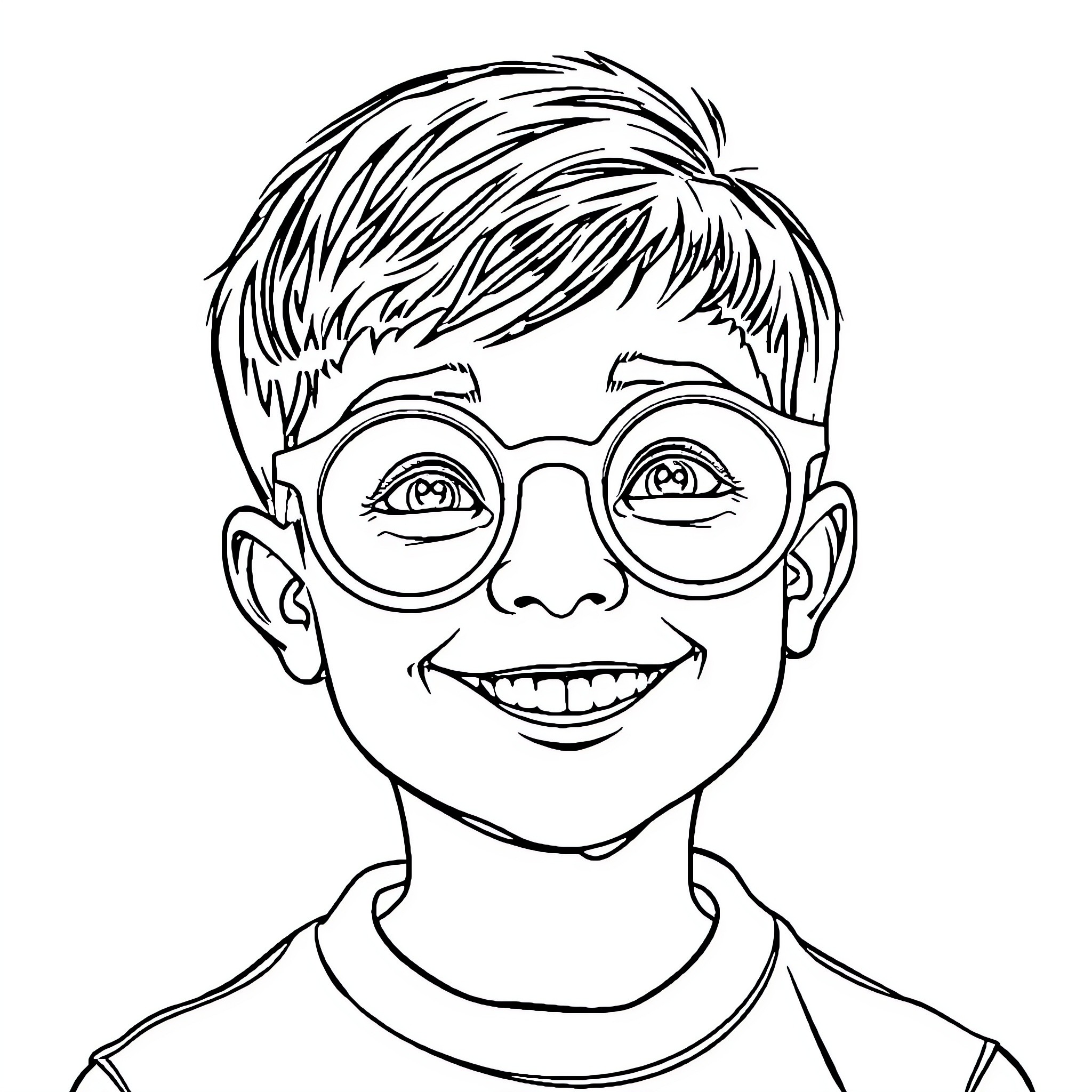 Boy with glasses smiling joyfully Coloring Page (free black-and-white line drawing printable PDF for all, from beginners to advanced learners, including children, teens, adults, and seniors)