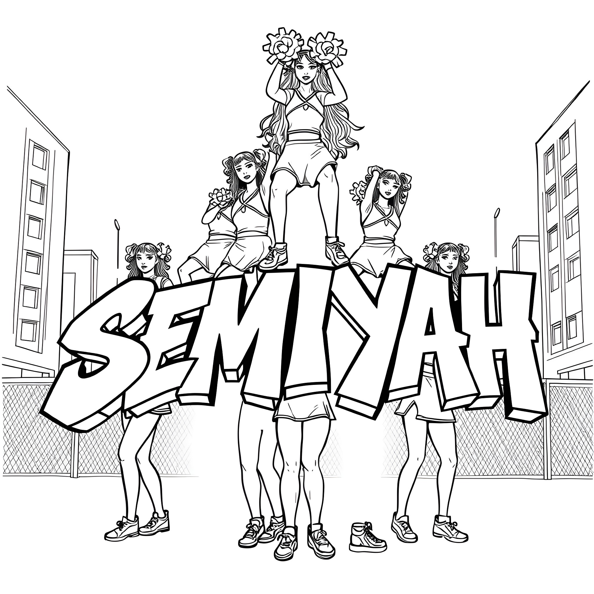 Cheerleader squad performing on the field Coloring Page (free black-and-white line drawing printable PDF for all, from beginners to advanced learners, including children, teens, adults, and seniors)