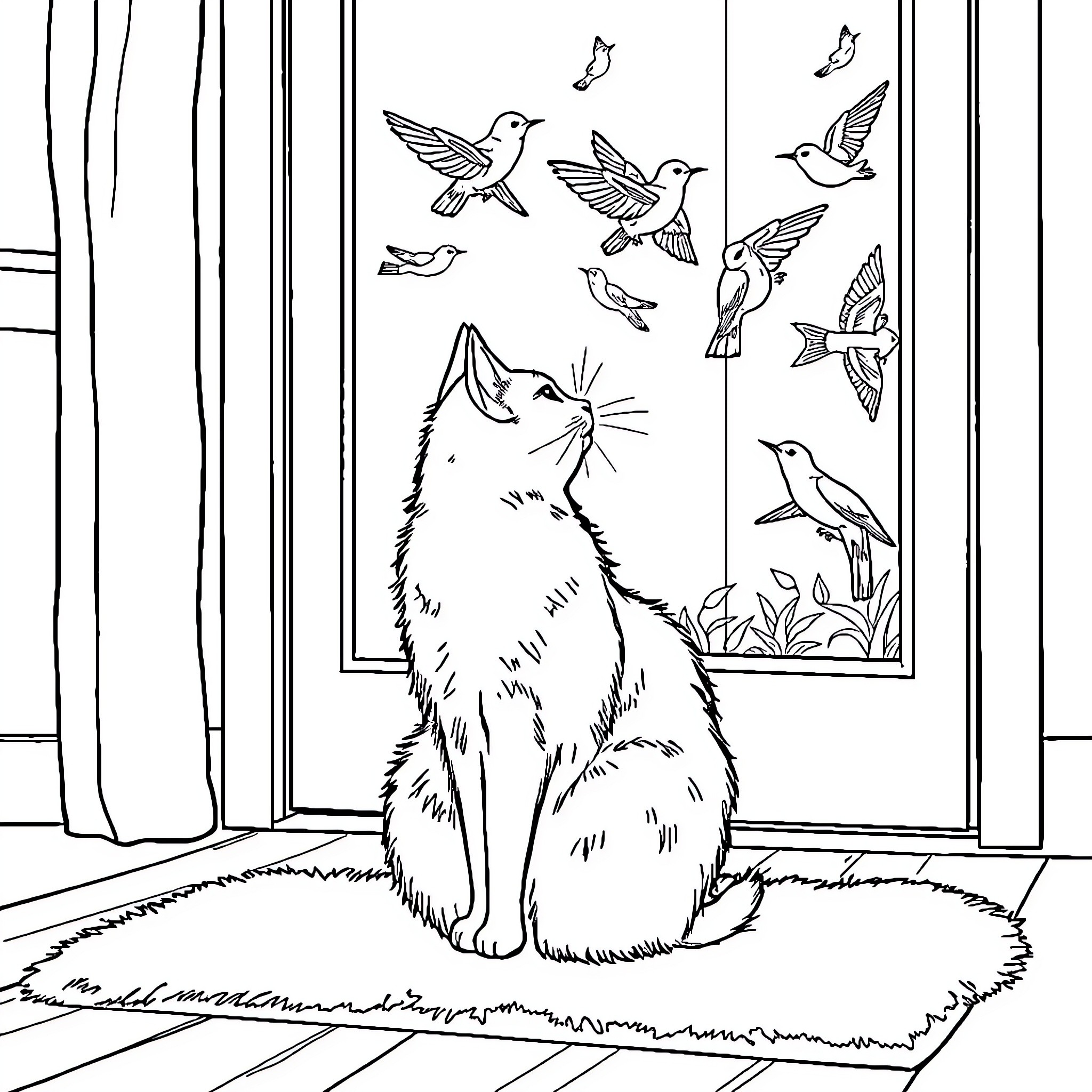 Cat Gazing at Birds Through Window Coloring Page (free black-and-white line drawing printable PDF for all, from beginners to advanced learners, including children, teens, adults, and seniors)