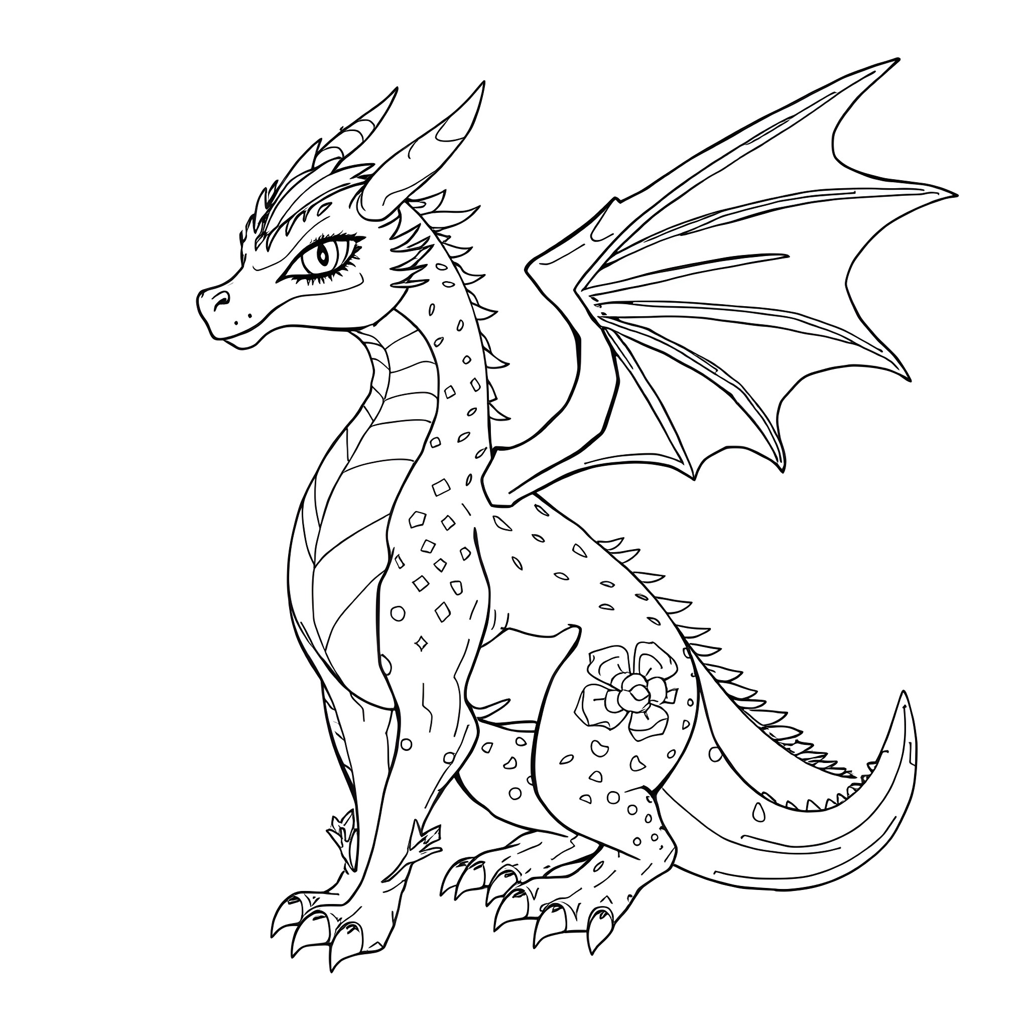 Dutch Angel Dragon soaring gracefully with outstretched wings Coloring Page (free black-and-white line drawing printable PDF for all, from beginners to advanced learners, including children, teens, adults, and seniors)