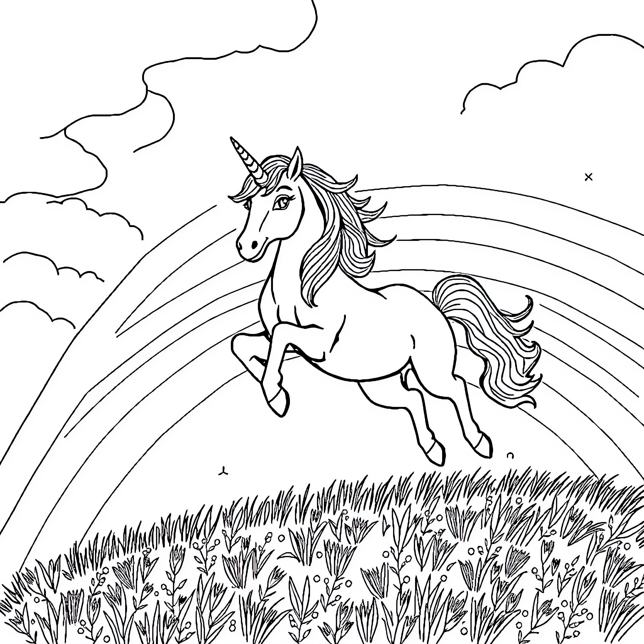 Unicorn leaping gracefully through a magical landscape Coloring Page (free black-and-white line drawing printable PDF for all, from beginners to advanced learners, including children, teens, adults, and seniors)